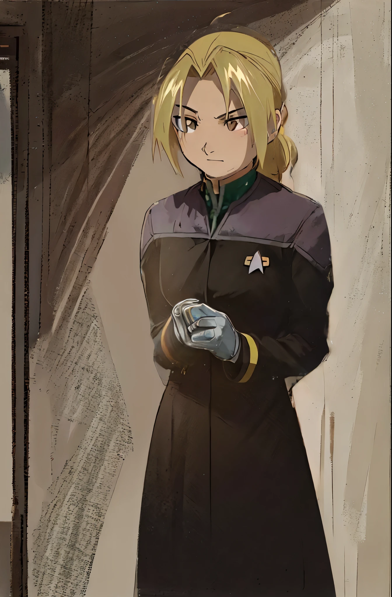 masterpiece, best qualityedward_elric
blonde hair
yellow eyes
single mechanical arm
braided ponytail ,ds9st command
ds9st operations
ds9st science