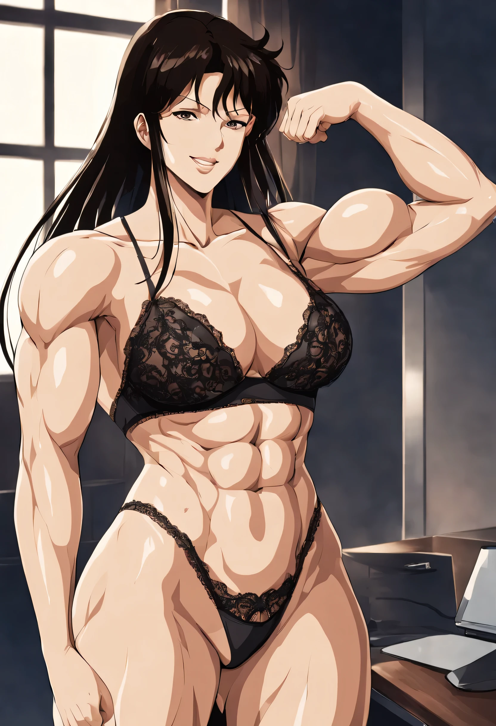 one  sexy girl, wearing black lace thong, standing tall and dominant , chiseled abdomen , self confident, ,aggressive, strong, smiling smug, superb,muscular body, flexing