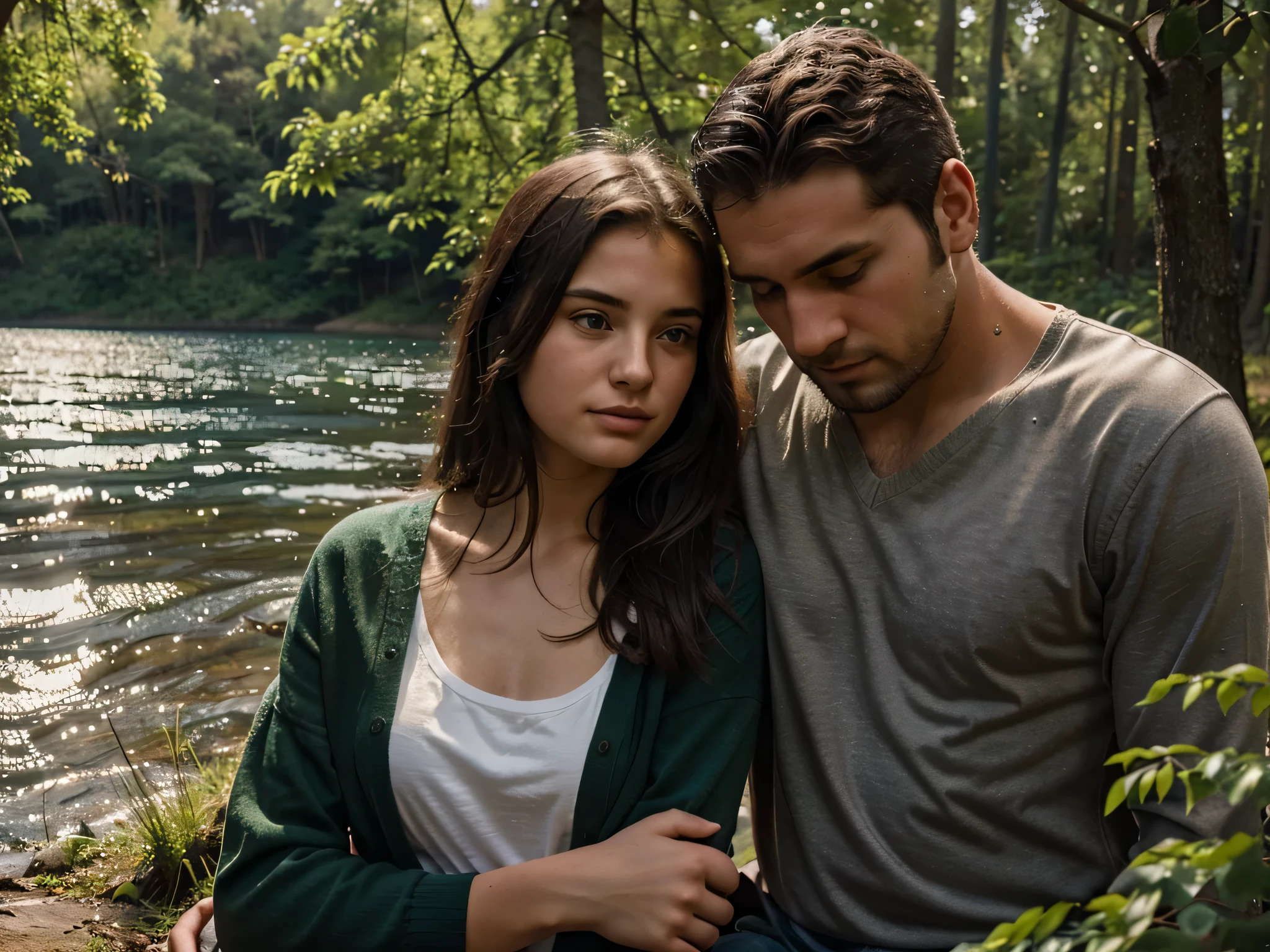 An 18-year-old girl and a 30-year-old man in each other&#39;s arms in the forest near a lake, photorealism, detailed