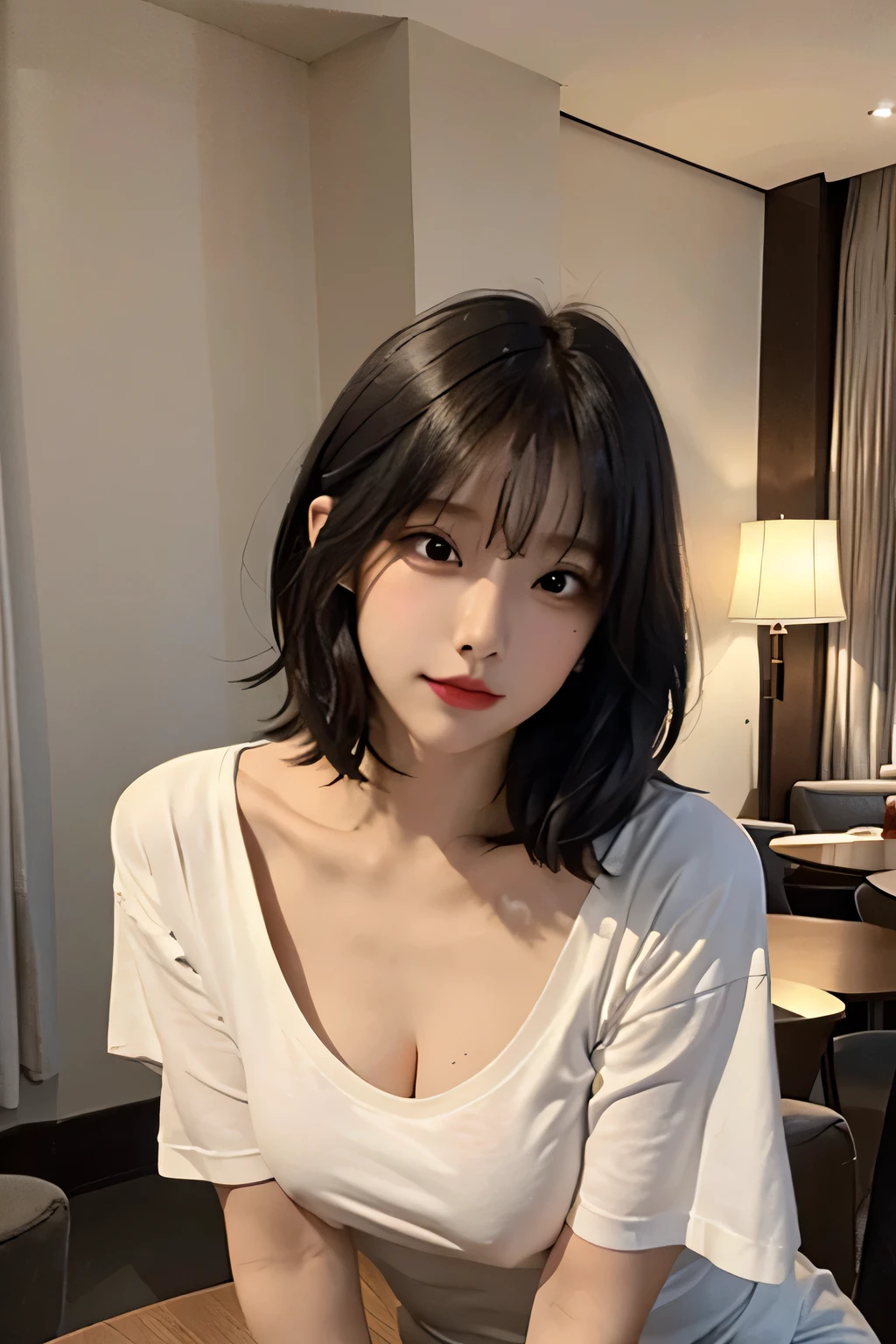 (1 girl), short dark bob hair, beautiful face, leaning over a table towards viewer, her oversized t-shirt hanging low under her neckline, her breasts visible, in a posh hotel room