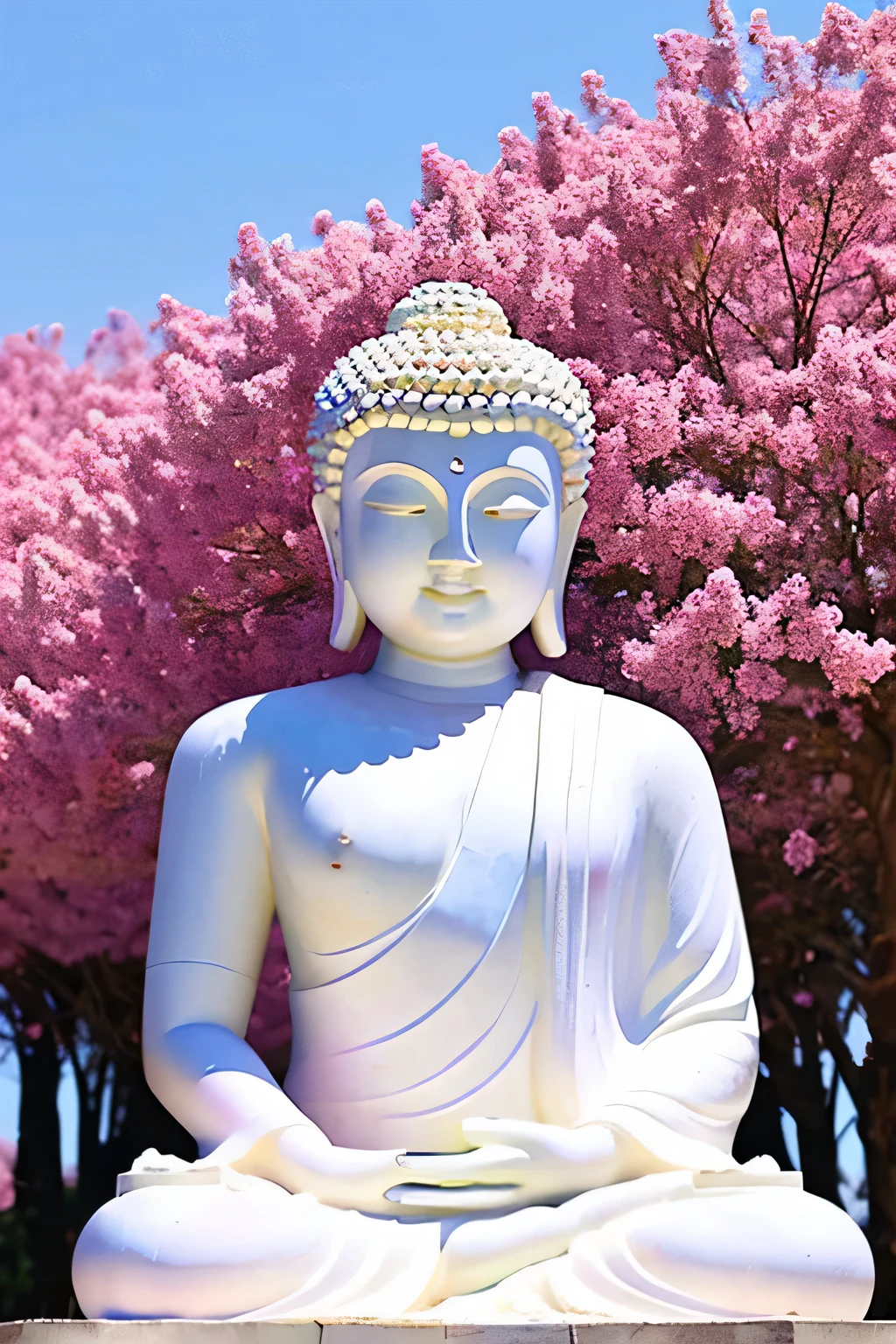 明るい背景のGreat Buddha像 Great Buddha solo front looking here halo is shining upper body only body is 70 on screen%Profession hold hands Like a photograph The background is full of flowers The background color is pink wonderful background