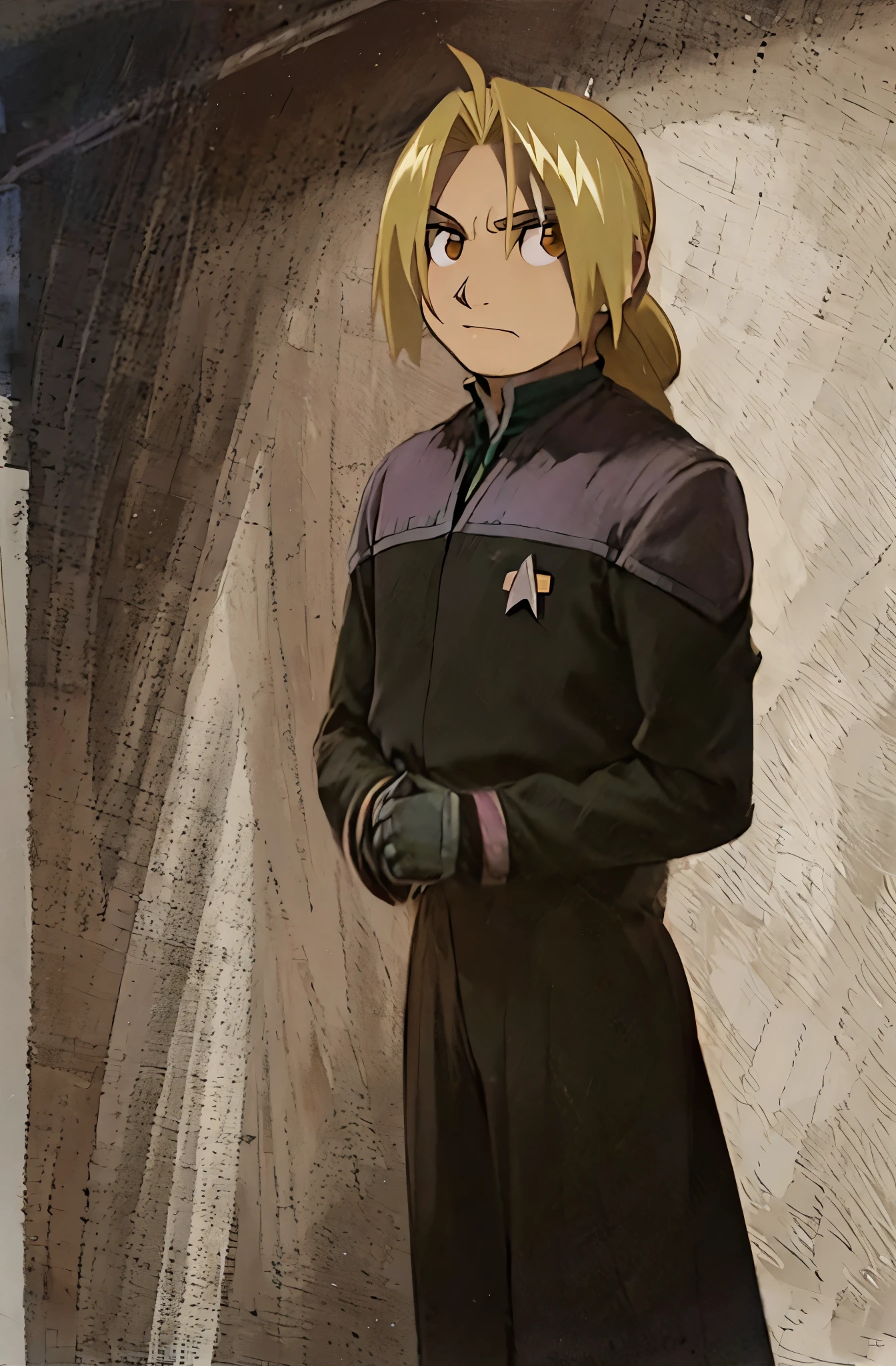 masterpiece, best male qualitye dward_elric
blonde hair
yellow eyes
single mechanical arm
braided ponytail ,ds9st command
ds9st operations
ds9st science uniform