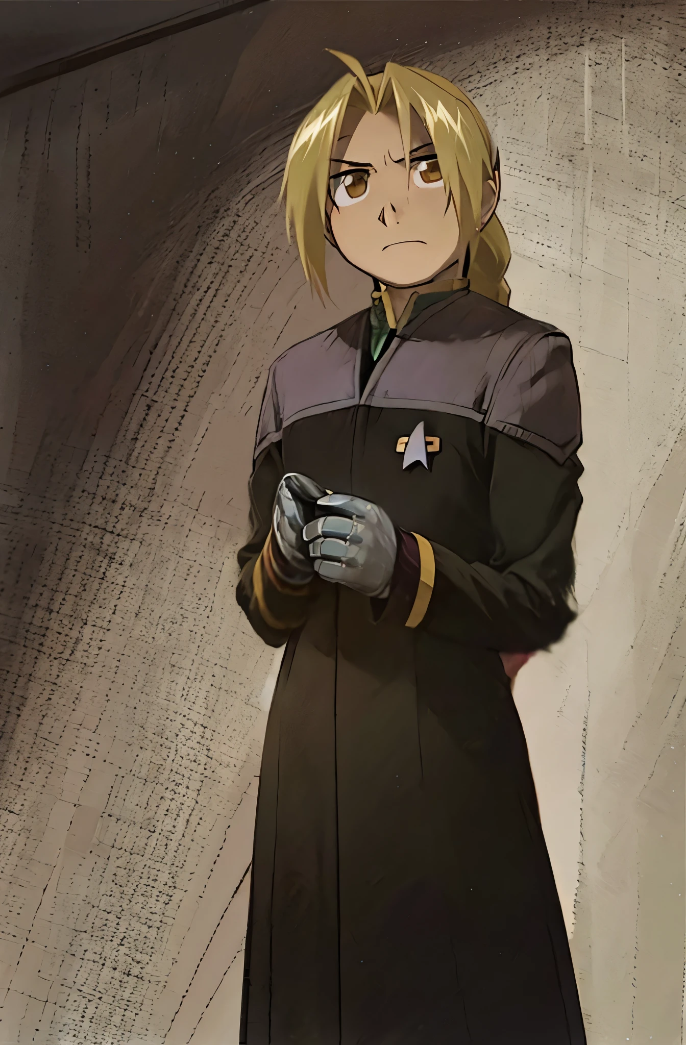 masterpiece, best male qualitye dward_elric
blonde hair
yellow eyes
single mechanical arm
braided ponytail ,ds9st command
ds9st operations
ds9st science uniform