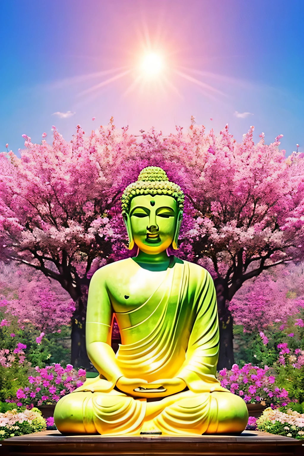 明るい背景のGreat Buddha像　Great Buddha　solo front　looking here　halo is shining　upper body only　body is 70 on screen%Profession　hold hands　Like a photograph　The background is full of flowers　The background color is pink wonderful background