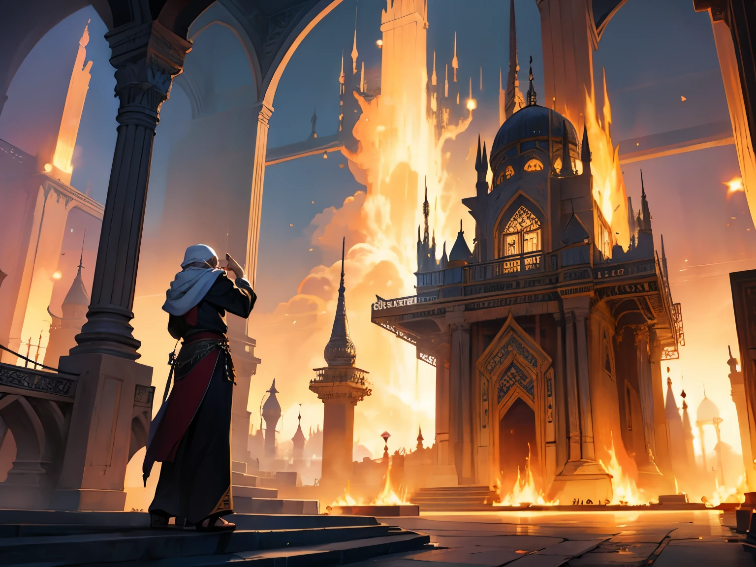 There is a beautiful fantasy silver city burning in flames modern arabic style