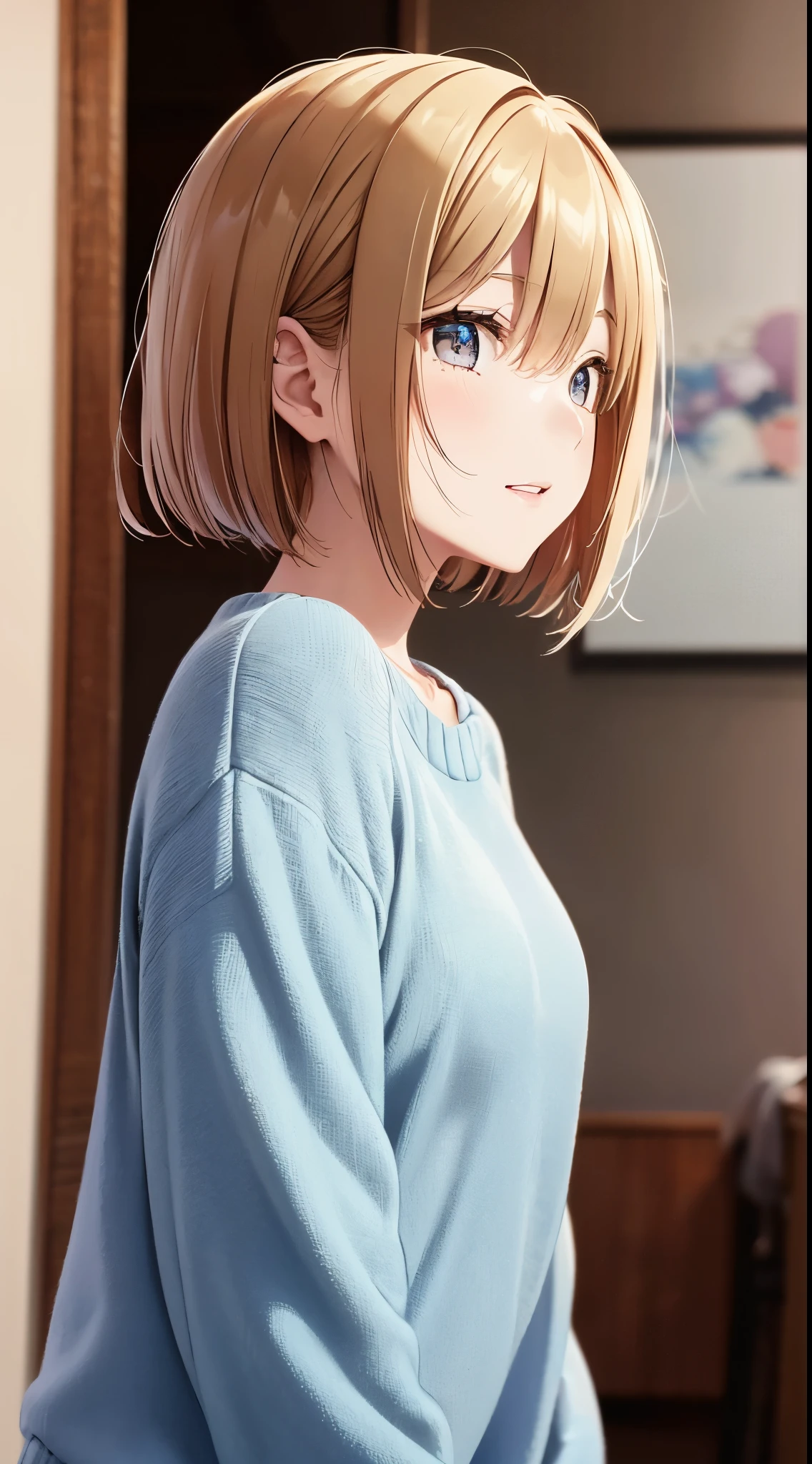 ultra-detailed, ((dropping eyes, charming, cute)), vibrant colors, soft natural lighting, fine art, bokeh effect. upper body, casual outfit, sweater, from front side, short hair, warm atmosphere