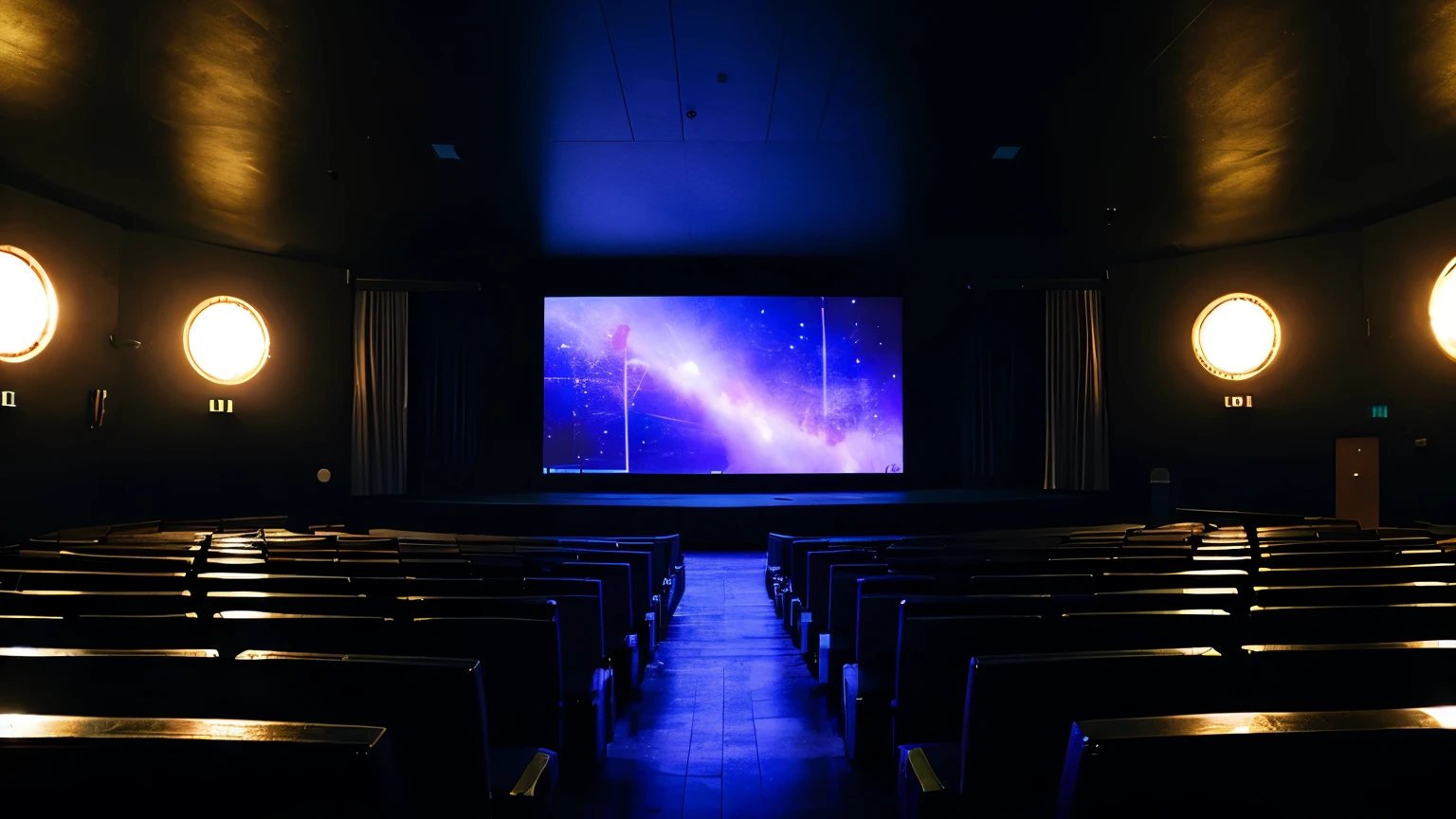 dark neon huge giant cinema hall with giant screen