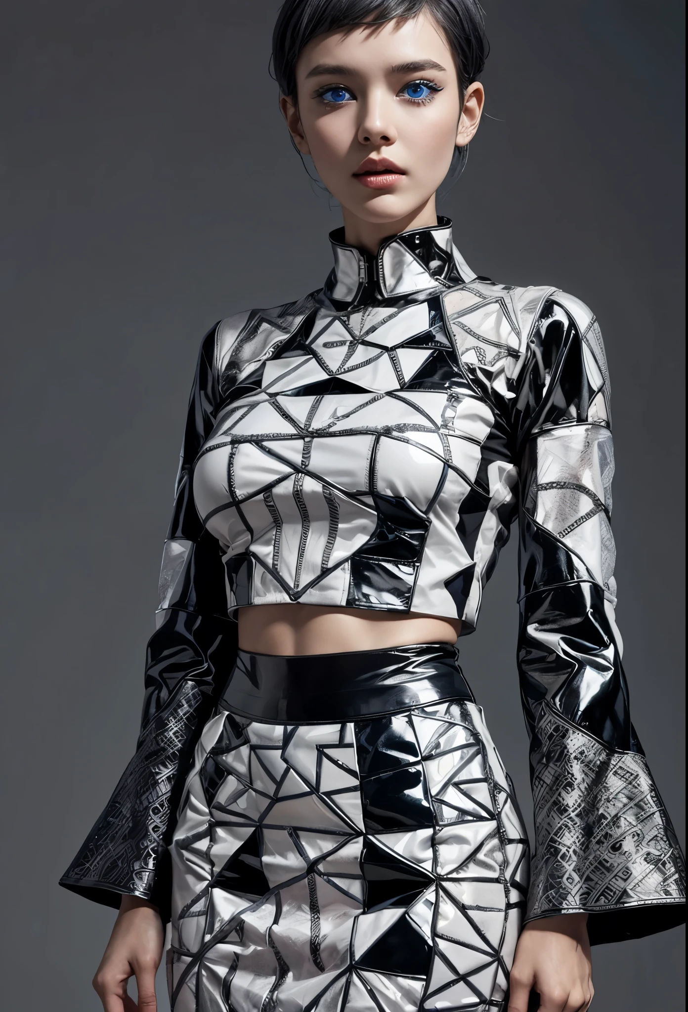 ultra detailed, beautiful, masterpiece, best quality, BREAK Beautiful and cute perfect model, Tightened all body, medium Breasts, BREAK (short hair, BREAK geometric art gray background, BREAK (all body shot, standing and Abstract pose:1.3), BREAK (Cyber punk dress), bell Sleeves, (white theme:1.3), mandarin collar, (intricate patchwork of latex and leather:1.2), (triangular silhouette maxi skirt:1.2), (gray hair, blue eyes:1.4),