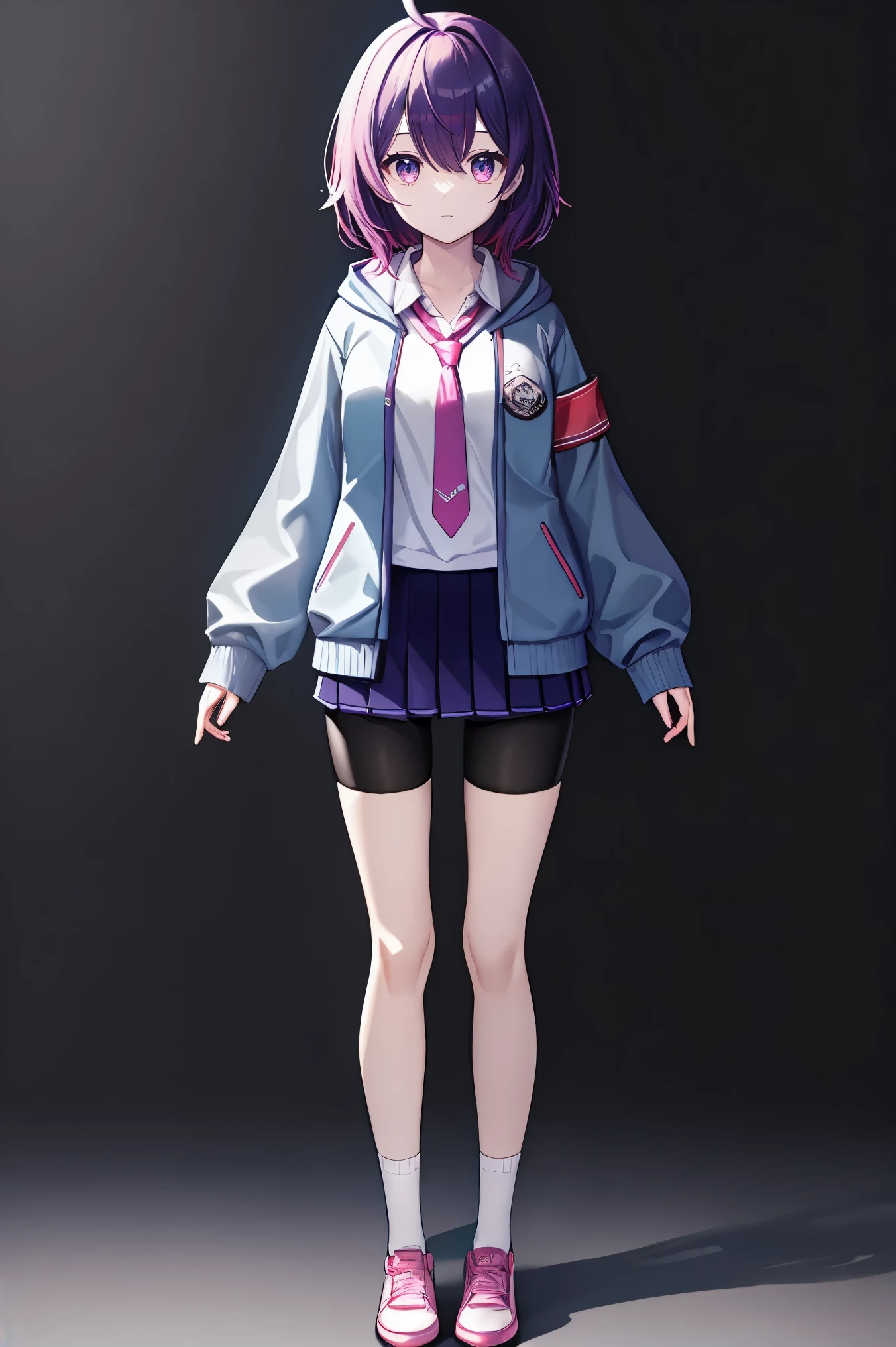 1girl, perfect face, seele vollerei, hdr, ahoge, medium_hair, purple_hair, colored inner pink_hair, purple_eyes, medium_breast, open_collar, white shirt, long shirt, collarbone, pink necktie, long tie, blue hooded_jacket, blue hooded sweater_jacket, oversized jacket, hoodie, hood_down, long sleeves, open_jacket, open_clothes, brown_armband, short_skirt, skirt, blue_skirt, pleated_skirt, white stripe, bike_shorts, bike_shorts_under_skirt, thigh_holster, thigh_legs, bike_shorts_under_shorts, standing, full_body, white_socks, pink_shoes, thigh_legs,