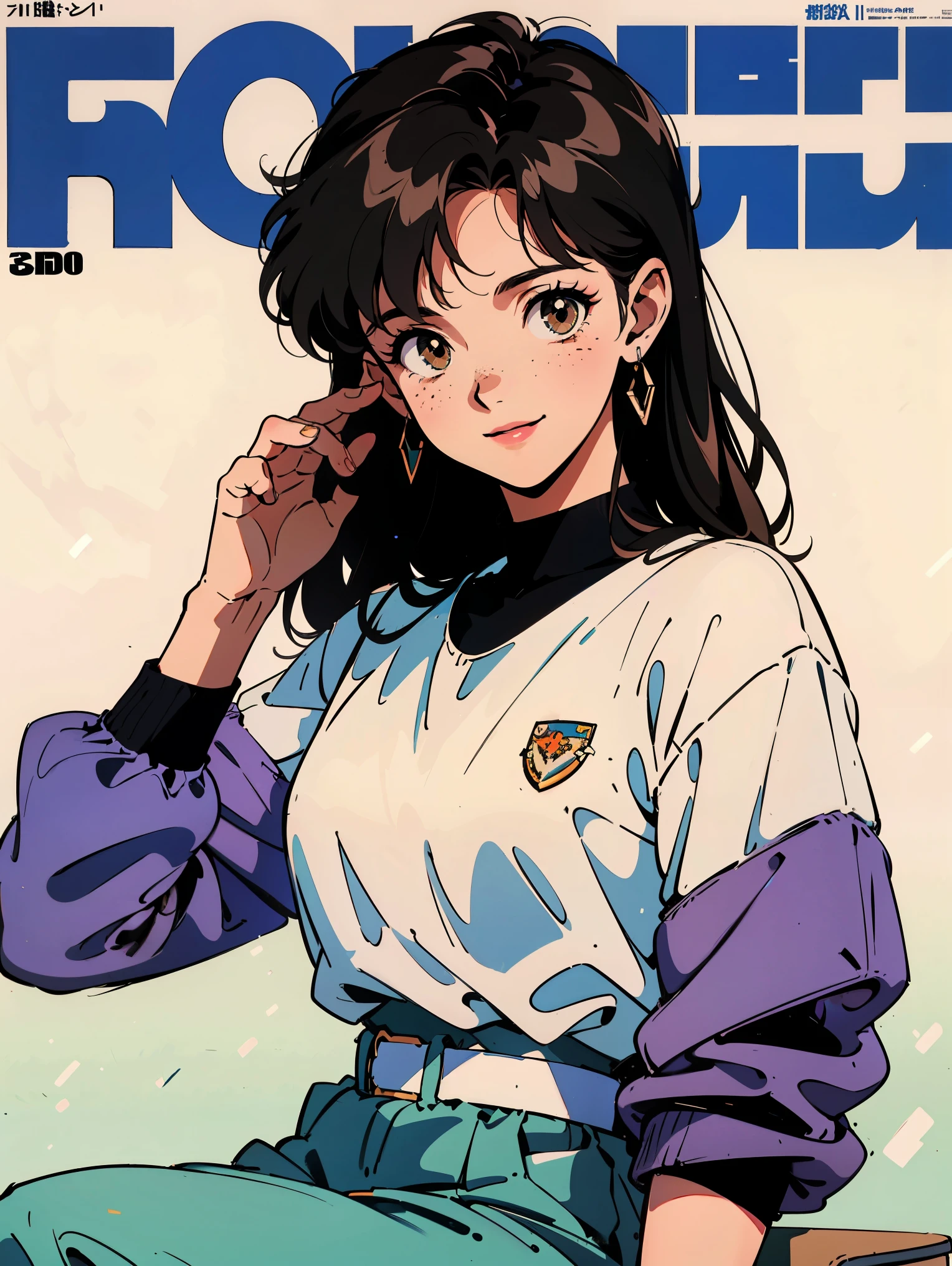 the highest quality, 8k, 1980s style, 21 year old girl, black hair, long hair, light brown eyes, skin white as snow, freckles on cheeks,  wearing 1980s clothes , White background, magazine cover style, whole body, sitting on a school chair, smiling, 