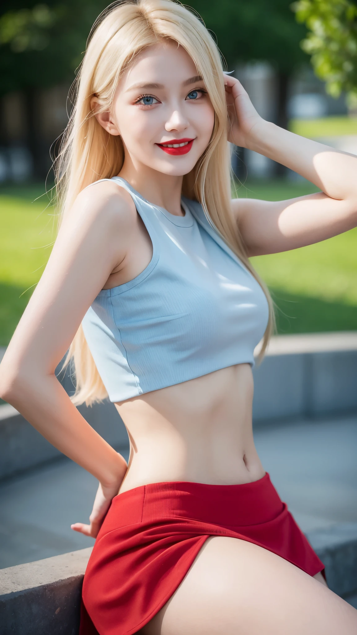 Beautiful girl, russian makeup, russian girl, red lips, smiling, blonde hair, blue eyes, crop top, short skirt, park view,