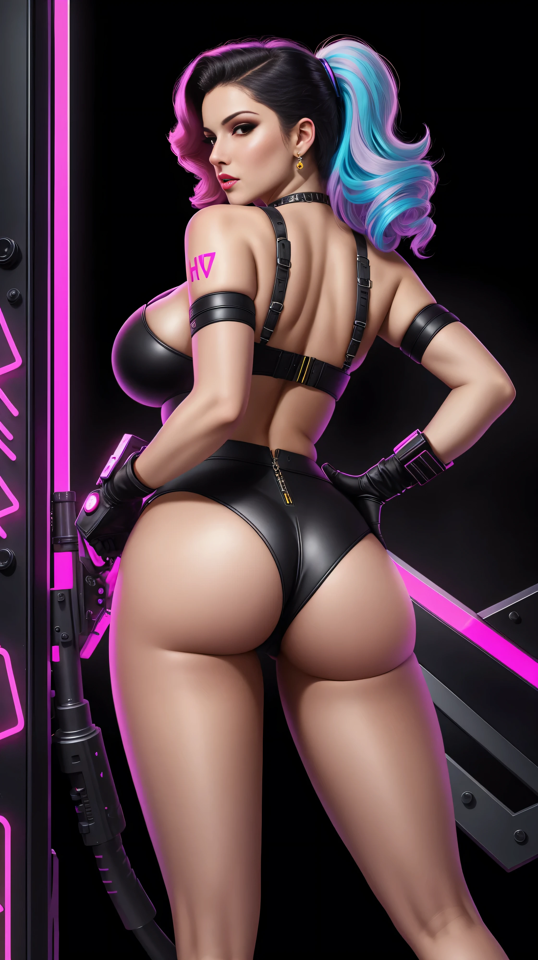 there is Rita Hayworth standing, ((nice ass:1.4)), 3 d neon art of a womans body, neon-noir background, cyberpunk femme fatale, seductive cyberpunk dark fantasy, cyberpunk strip clubs, cyberpunk 20 y. o model girl, oppai cyberpunk, banner, high definition cgsociety, cgsociety masterpiece, trending on cgstation, kda, random hair, looking at camera, gigantic breasts, cleavage, (high detailed skin:1.2), 8k uhd, dslr, super lighting, high quality, film grain, high res, highly detailed, hyper realistic, beautiful face, beautiful body, beautiful eyes nose lips, alluring expression, very bold, upper  visible, full body photo, standing legs apart, pale translucent glowing skin, most beautiful face, cute, (well defined pubic hair:1.2)), (dark plain black background:1.4))