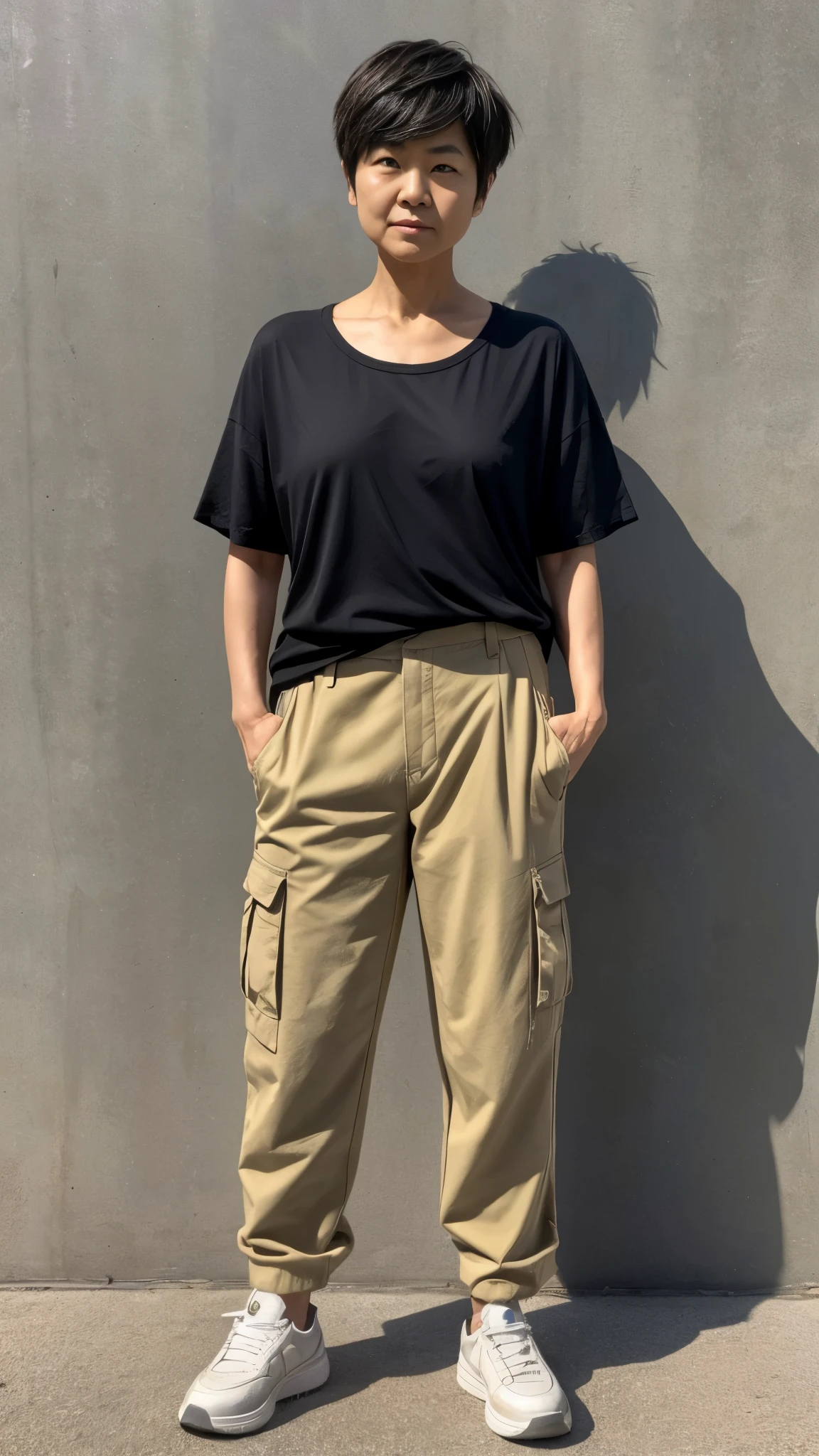 Full body portrait, from head to toe, tall background. A massively muscled Japanese old woman stands confidently in loose t-shirt, long cargo pants, and shoes. Her pixie cut hair, rough bareface, and masculine stance give her a unique and powerful presence, defying societal expectations. Her face looking at the camera and her body facing to the camera.