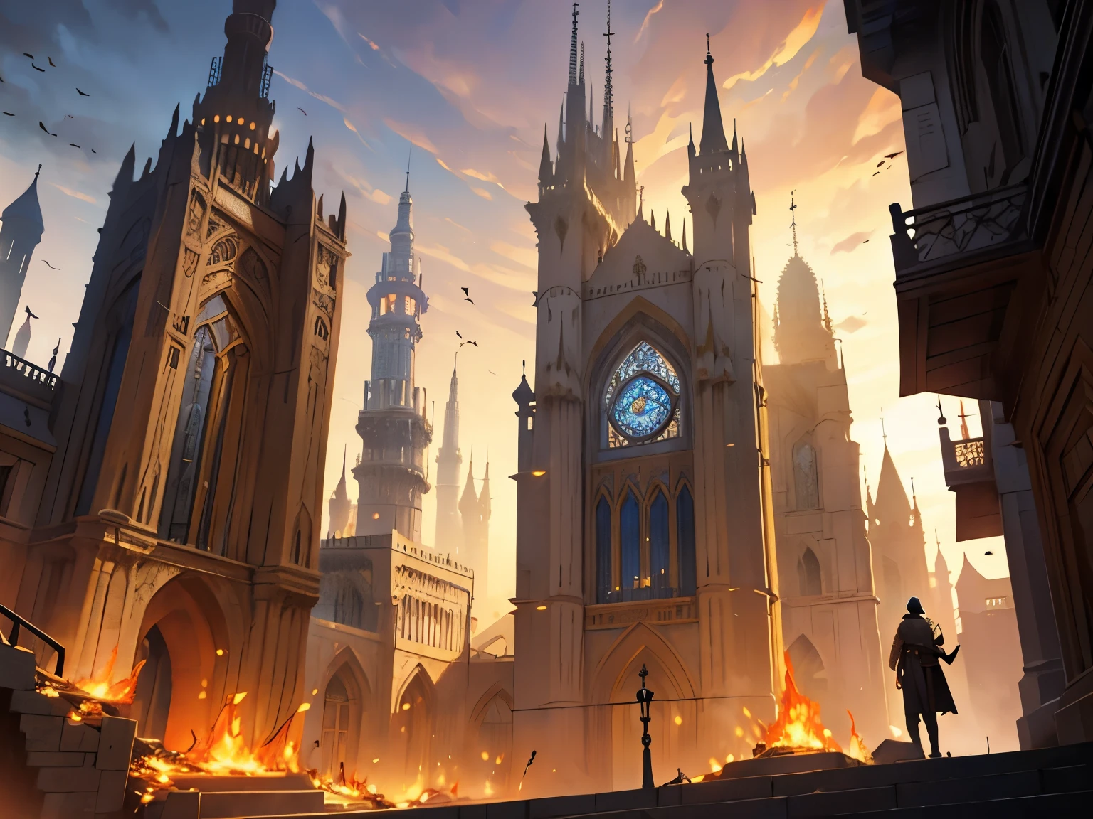 There is a beautiful fantasy silver city burning in flames modern arabic style 