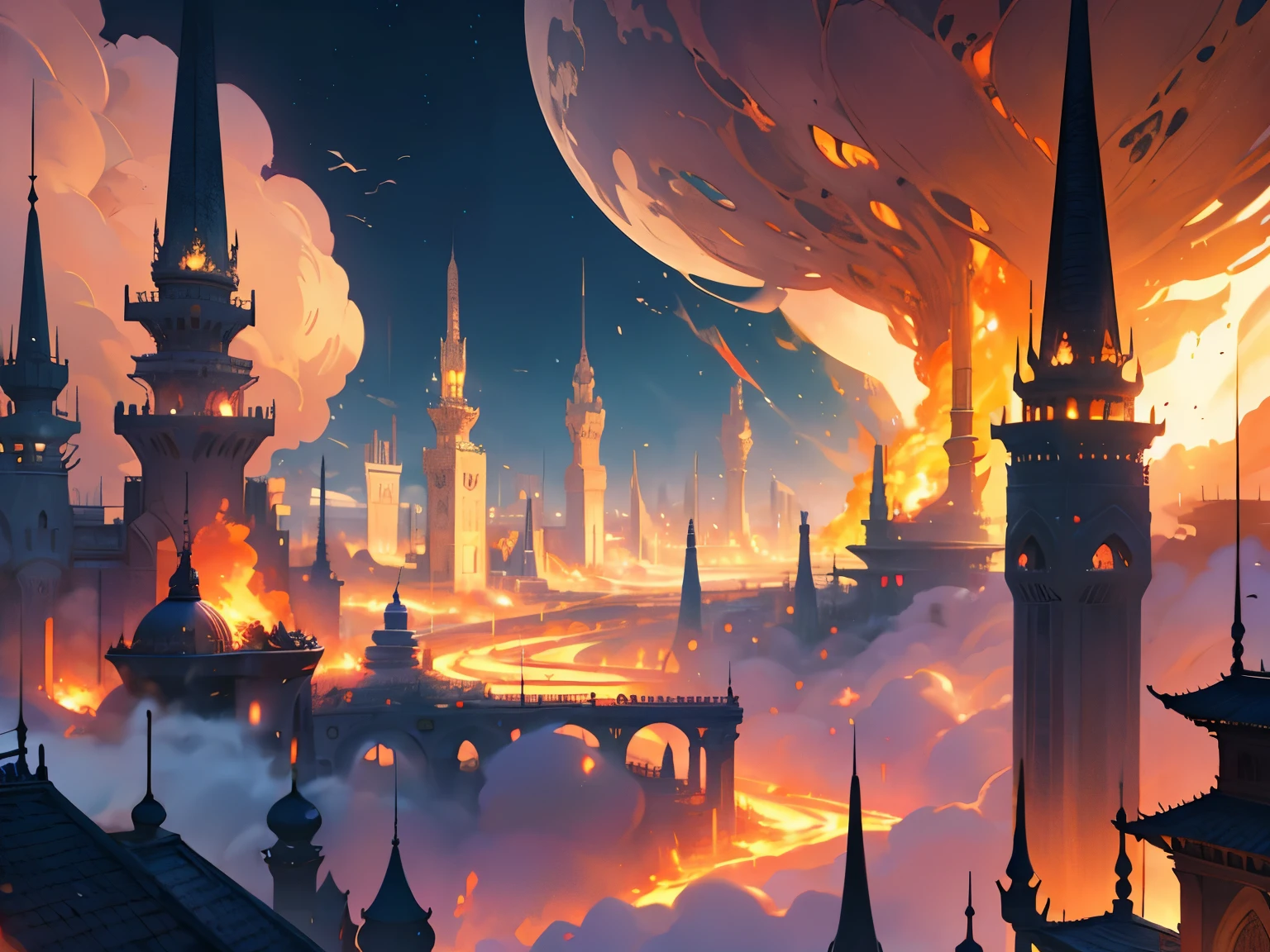 epic panoramic view of huna beautiful fantasy silver city burning in flames modern arabic style 