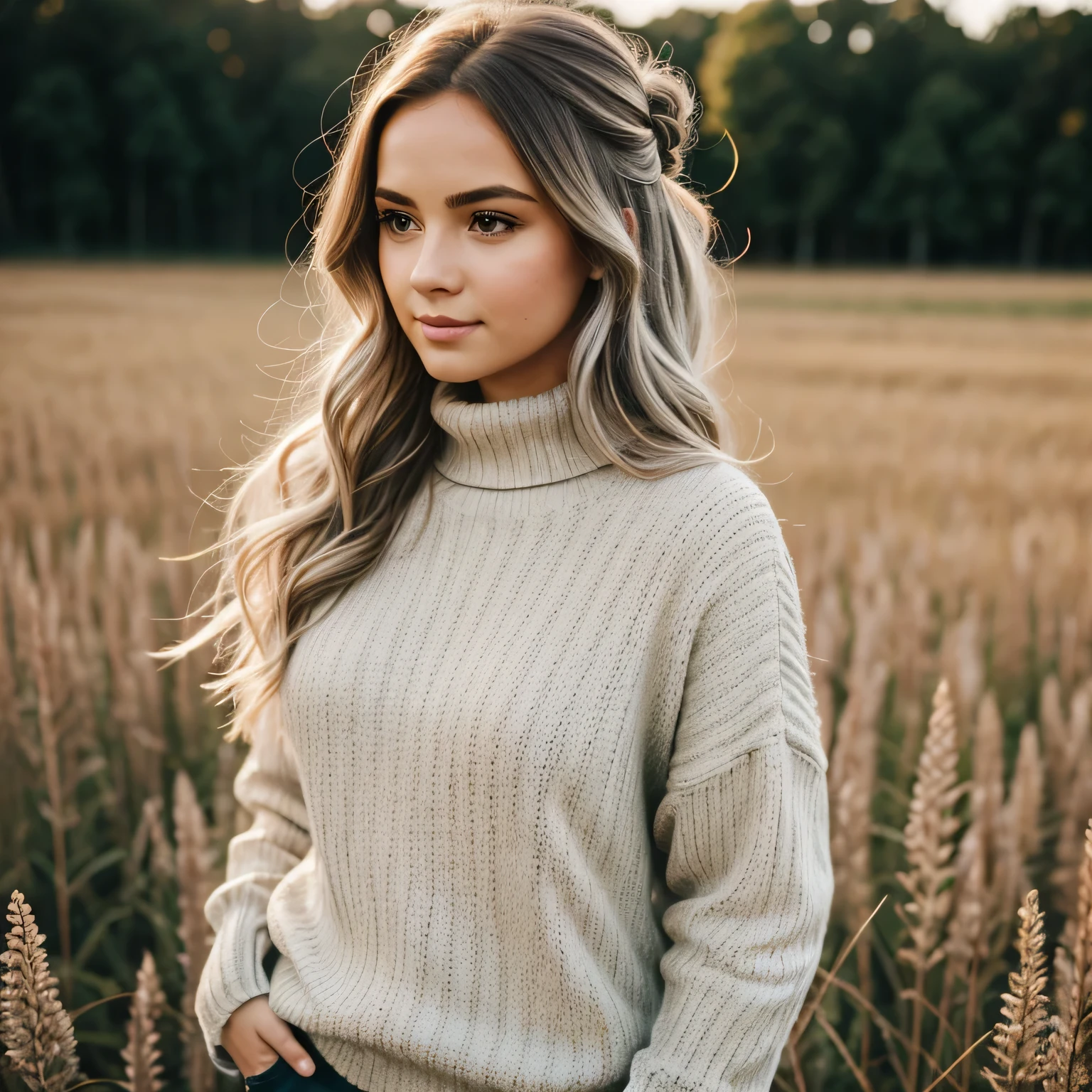 highly detailed, depth of field, cinematic lighting, high quality, young woman, close up, silver hair, wavy hair, messy updo, hippy, sweater, morning, field