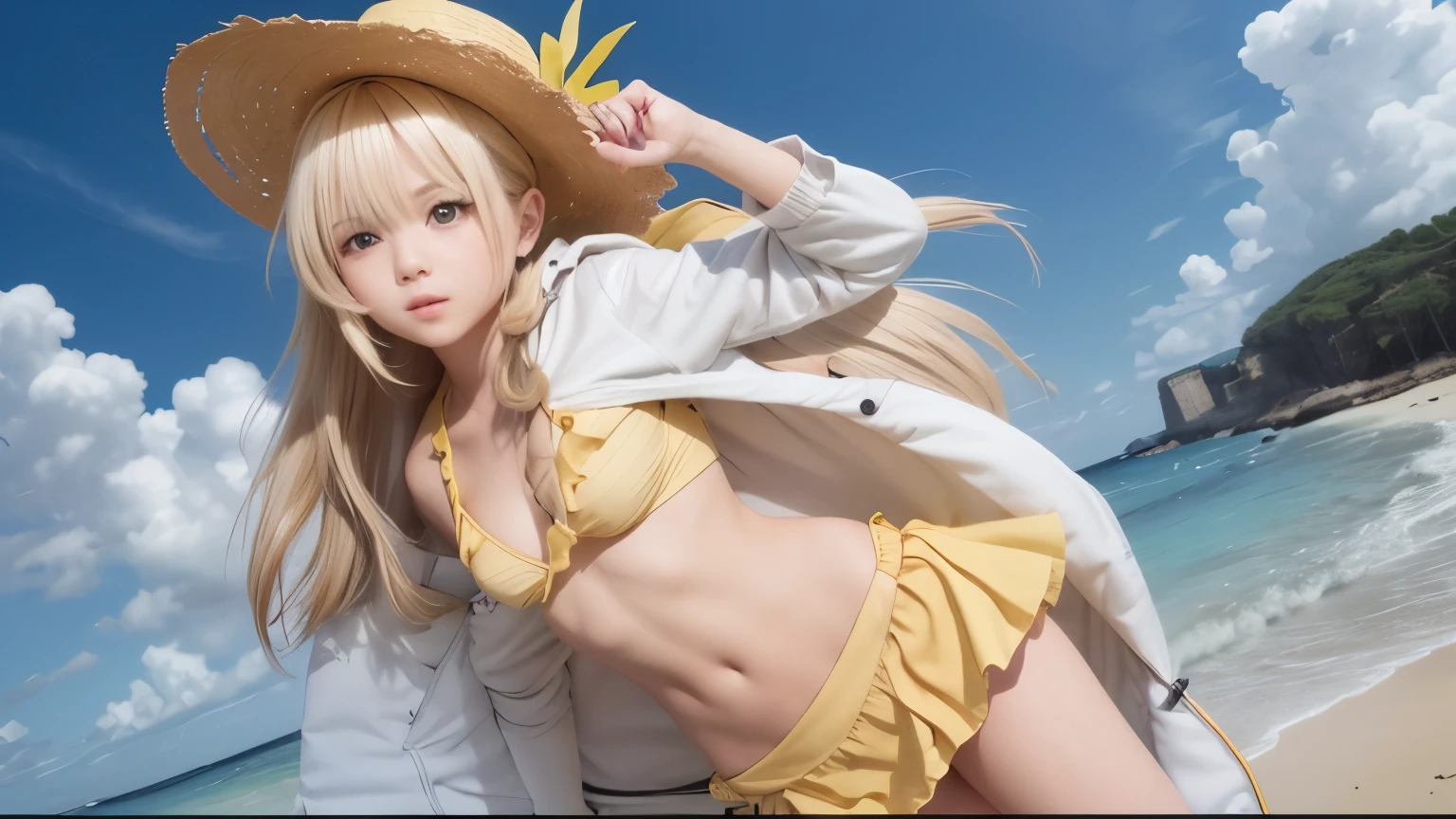 highest quality, 8K, Super detailed, photorealistic, perfect fingers, perfect hands, perfect eyes elna, 1 girl, (solo:1.1), blonde, bow, twin tails, black ribbon, Are standing, bow tie, two side up, No expression, (eyes visible through hair:1.3), (small breasts:1.3), beach, beach, free pose,
(yellow ruffle bikini:1.3), (white hoodie:1.3), (parka front open:1.3), blake hoodie, (Yellow ruffled skirt:1.1), (big straw hat:1.3), black ribbon付き麦わら帽子