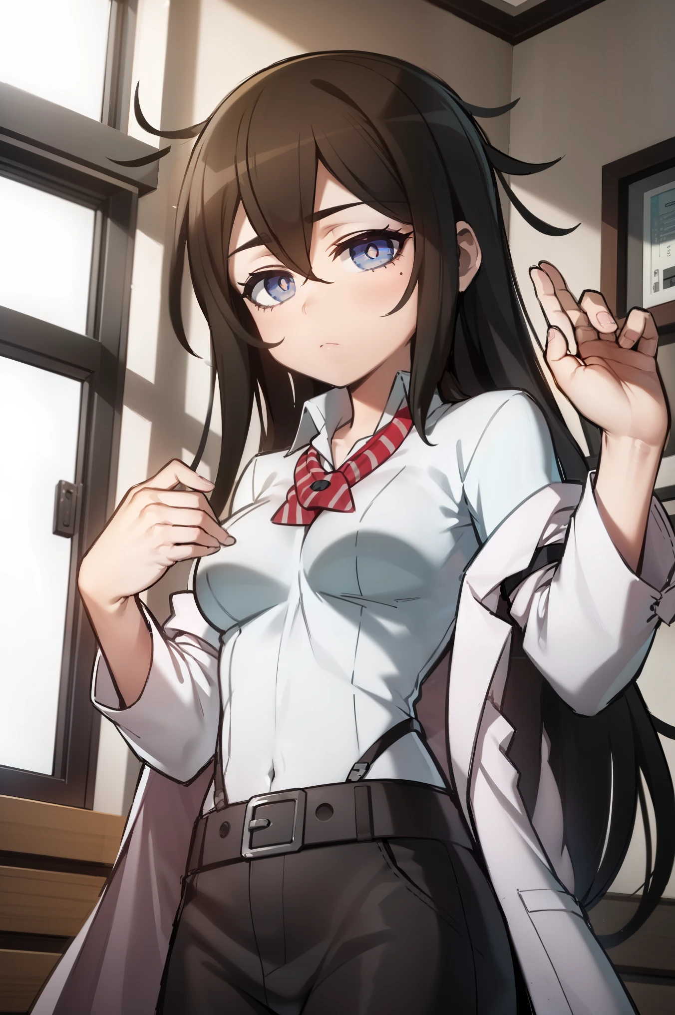 Sozinho, 1 garota, suginami ikaruga, verruga, QUEBRAR (lab coat, camisa, Saia verde, cinto:1,2) QUEBRAR expressionless, olhando para o espectador, sentado, QUEBRAR indoors, QUEBRAR (obra de arte:1.2), melhor qualidade, high resolution, papel de parede da unidade 8k, (illustration:0.8), (lindos olhos detalhados:1.6), rosto extremamente detalhado, perfect lighting, CG extremamente detalhado, (perfect hands, anatomia perfeita),
