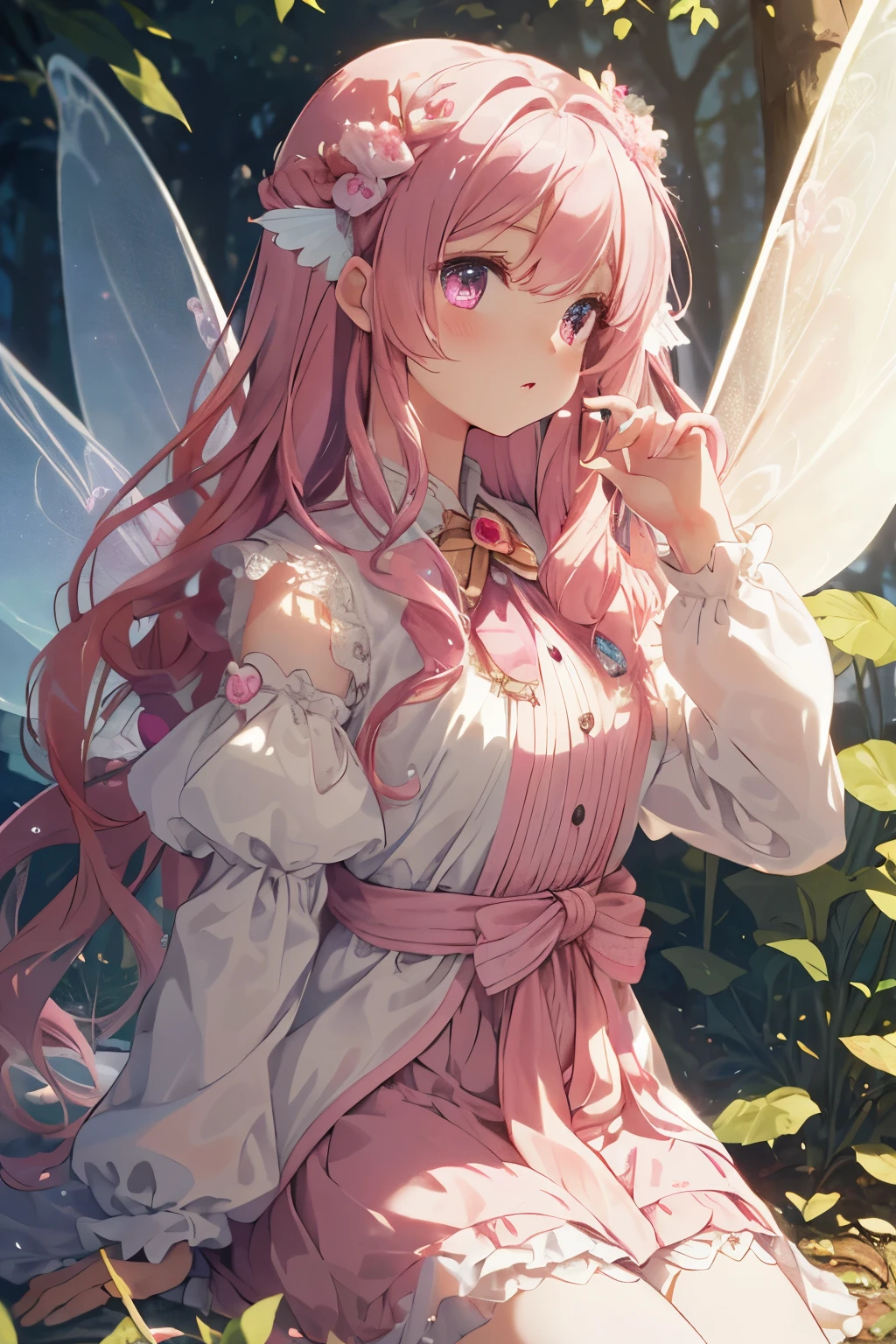 girl, forest, ((obra de arte)), melhor quality, perfect face, (perfect anatomy), extremely detailed, Fairy girl, fairy wings, pink hair with light tone, long loose hair, wavy hair, button nose, white magical girl, fractal art, , long pink mesh hair, beautiful detailed pink eyes, cinematic lighting