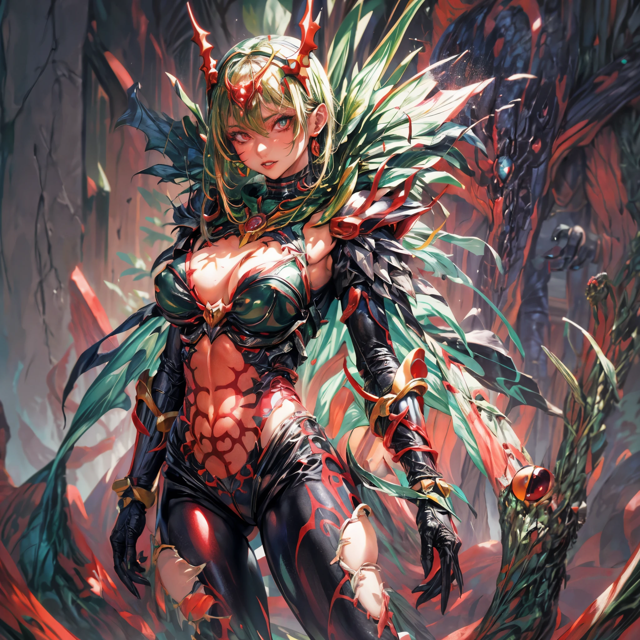 Cartoon photo of woman in green and red costume, hot insect humanoid woman, Guyver style, SFW version, red eye, scarab reploid, bellows tail, cel shade adult animation, alien queen, serpentine pose,