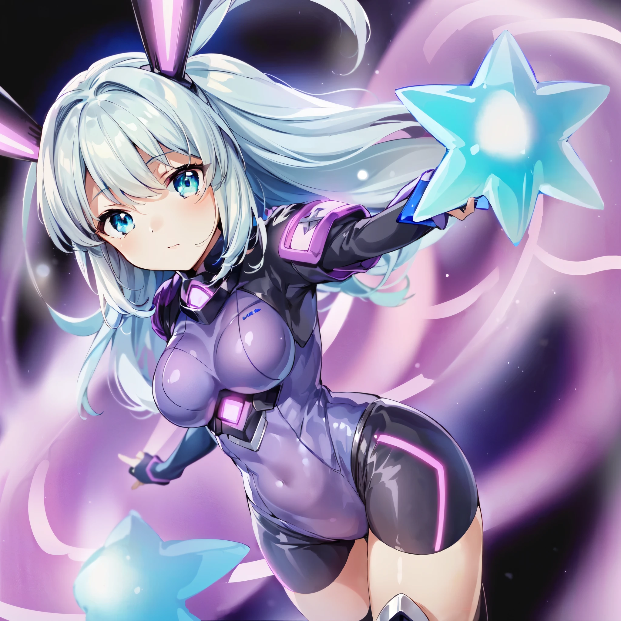 1girl, long cyan hair,  (detailed blue eyeecha spacesuit, looking at viewer, cute, perfect face, holding a cyan star, space in background, (masterpiece), high resolution, best quality, ((anime art))