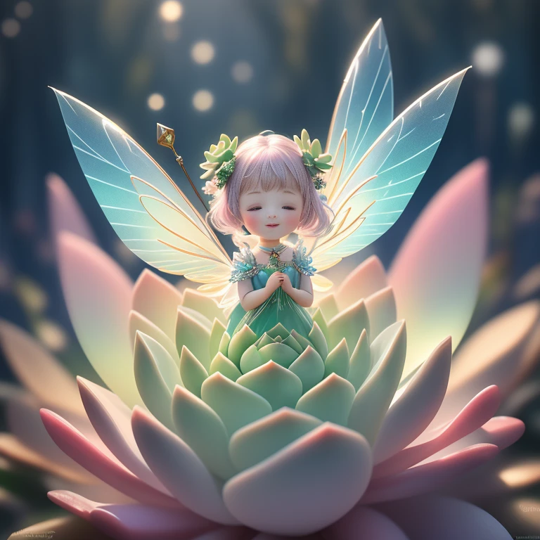 (Close-up of succulents:1.2),Beautiful transparent succulent fairy , Transparent colorful wings, The wand fluttered in the wind､The wand flashed with starlight，Golden wand，Beautiful blue sky and white clouds、Girls have transparent wings､smile kindly､Beautiful succulents garden background､Gentle and transparent，Anatomical correct, delicate patterns，Pink rose space, gentlesoftlighting, ( bokeh)，tmasterpiece, ultra - detailed, Epic work, Best quality, 8K，Epic Romantic Fantasy Digital Art，Epic fairy tale fantasy digital art，Myths and Fantasy，UHD resolution，Detailed detail drawing，realistically，Very realistic，movie lighting,an award winning photograph,Lots of colors，surreal texture，dramatic lights