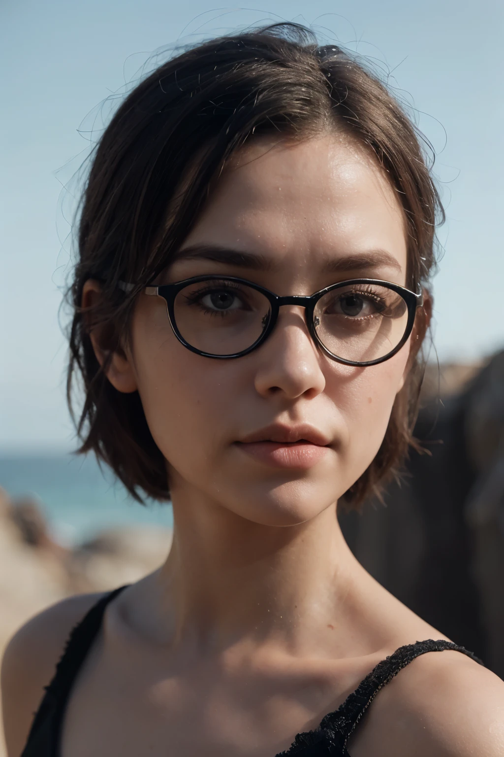 (RAW photo, best quality), (realistic, photorealistic:1.2), a close up portrait photo, a woman wear a pair of glasses, 1girl, , REAL PERSON, skinny, short hair, smile, (high detailed skin:1.4),  soft lighting, high quality,solo,puffy eyes, gorgeous hair, air bangs,brown black hair,fair skin,  busty breasts,sweating, naughty face, cute,looking at viewer,Five star hotel swimming pool,((naked)), blue sky, white clouds, sunshine, full-body, play water ball, wet, splash