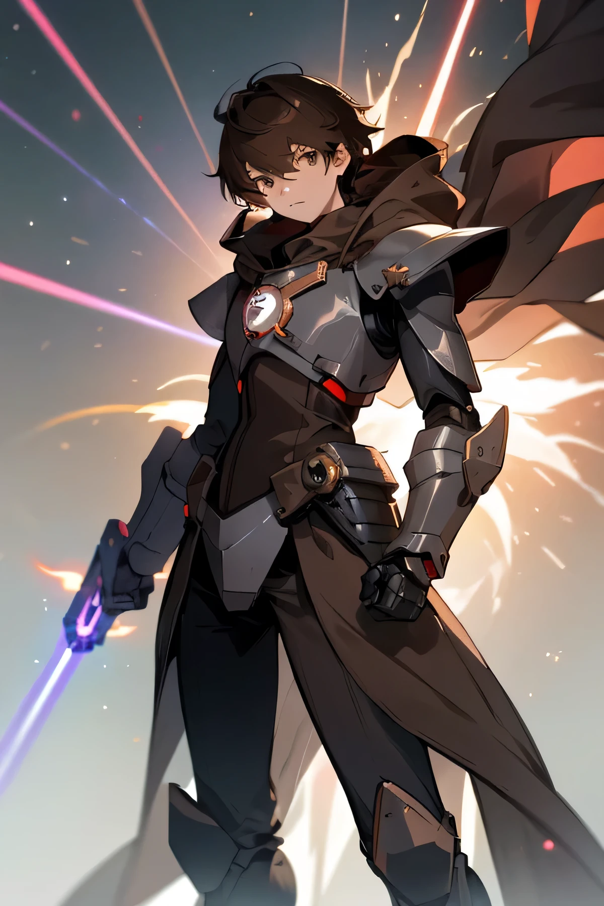 Young adult, Male,Black Robot armor, Laser Sword, space background, brown cloak, Masterpiece Quality, Perfect Generation.