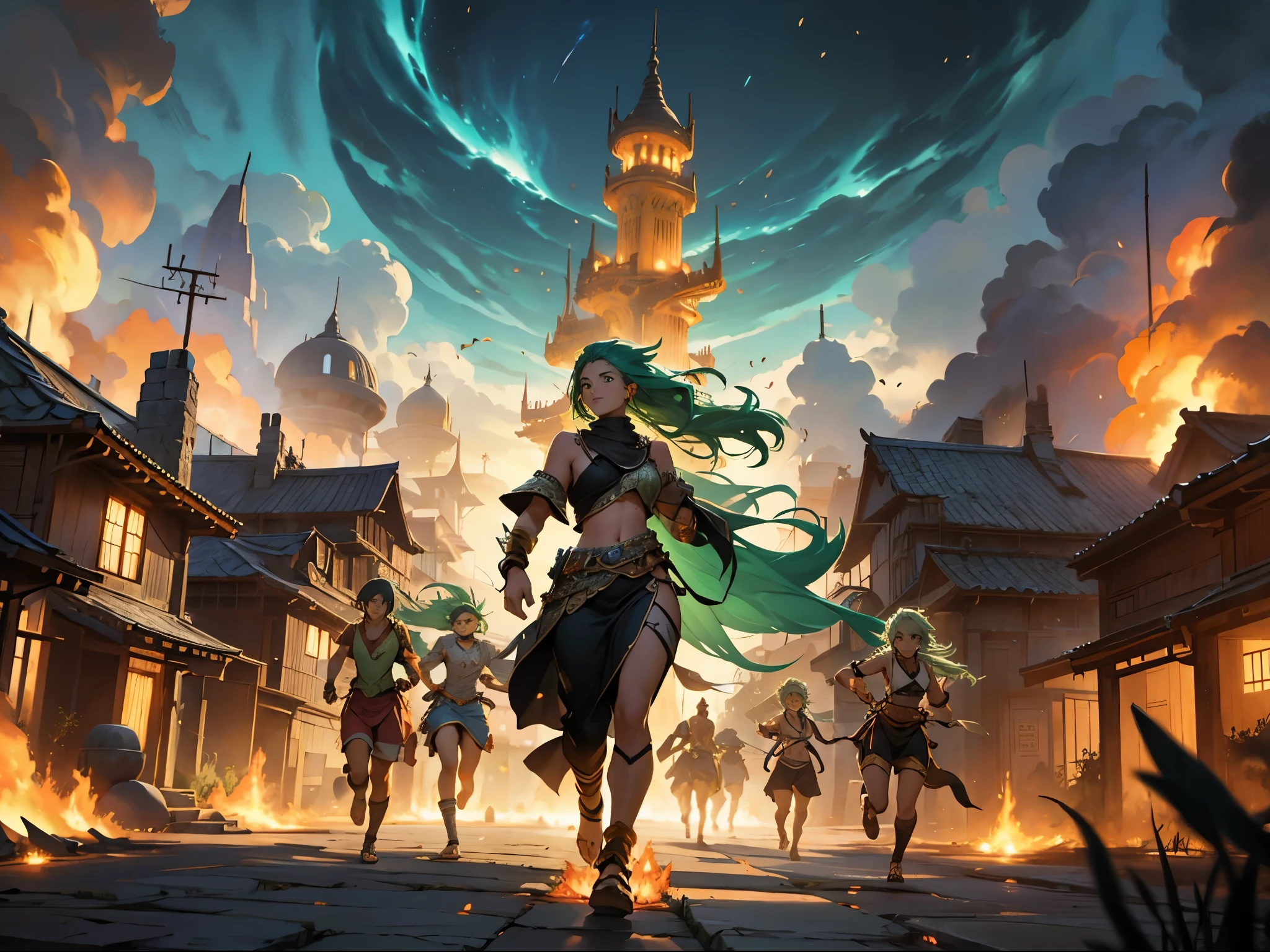 epic panoramic view of huna beautiful fantasy silver city burning in flames modern arabic style one people green haired villagers run for their lives