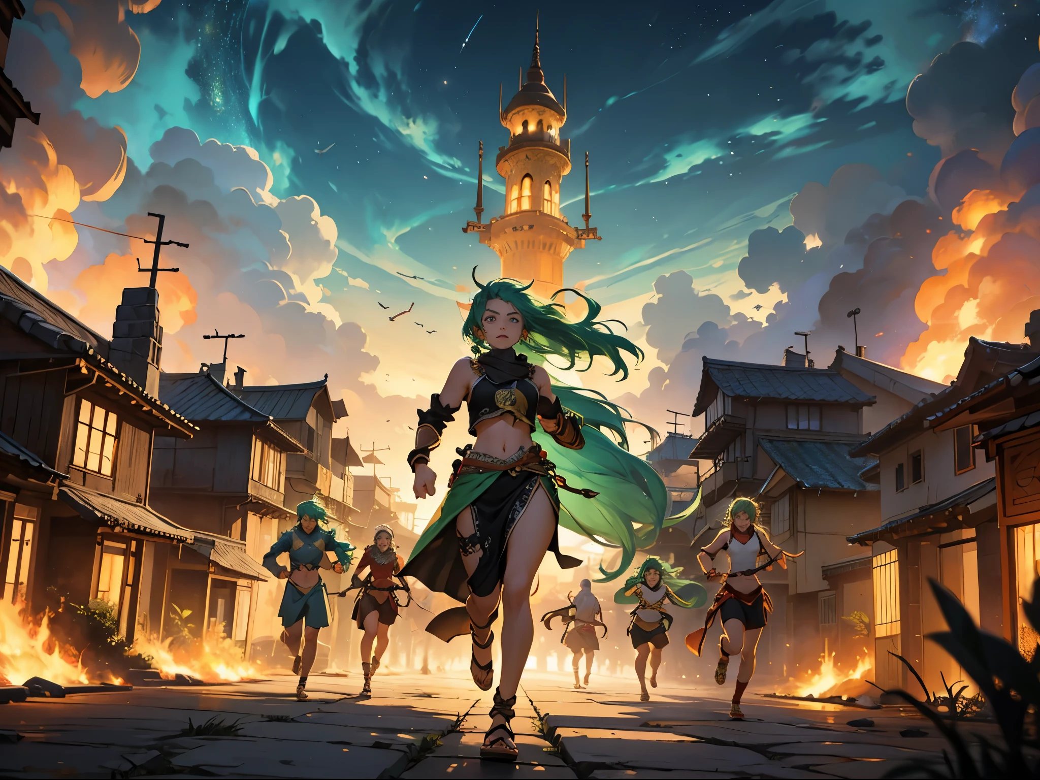 epic panoramic view of huna beautiful fantasy silver city burning in flames modern arabic style one people green haired villagers run for their lives