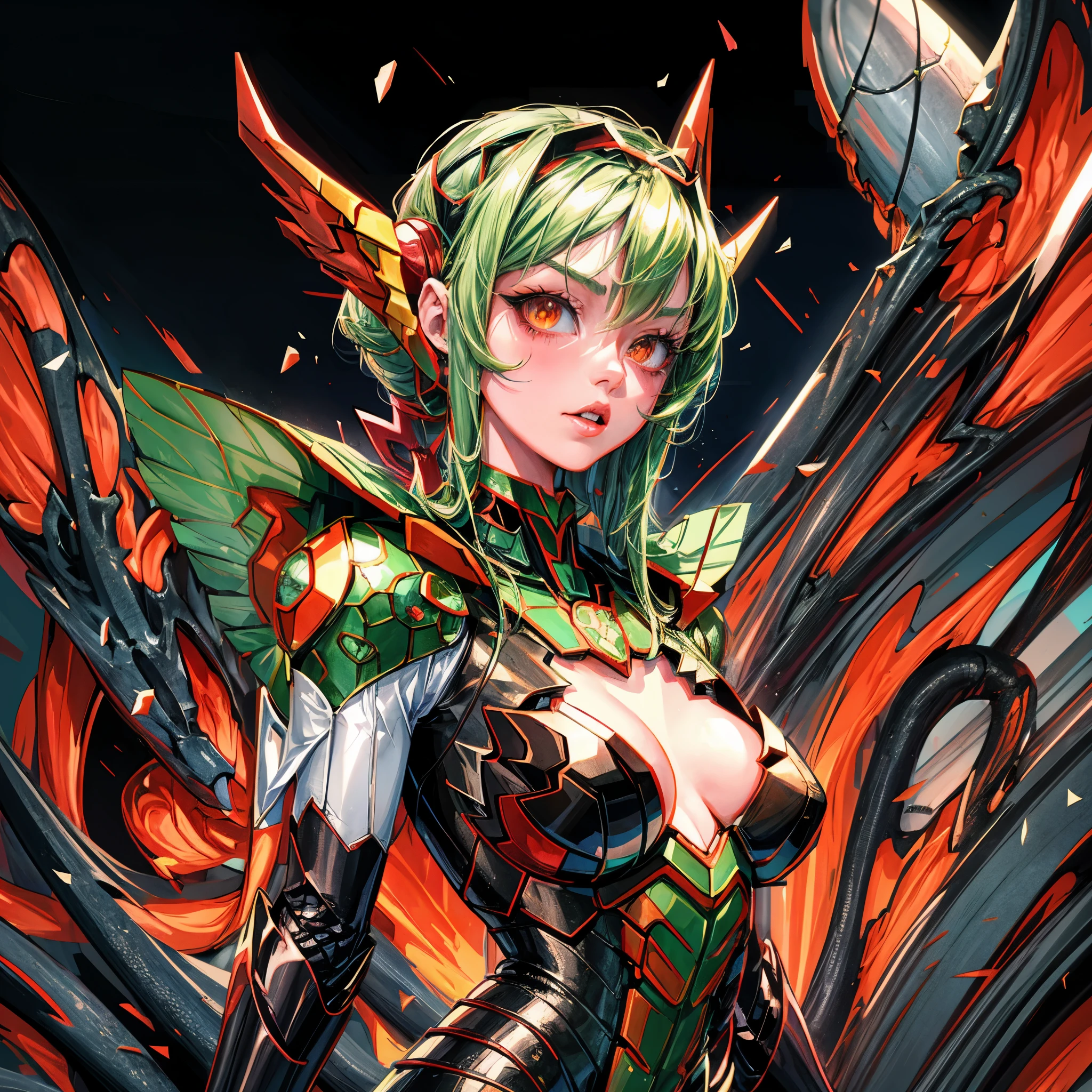 Cartoon photo of woman in green and red costume, hot insect humanoid woman, Guyver style, SFW version, red eye, scarab reploid, bellows tail, cel shade adult animation, alien queen, serpentine pose,