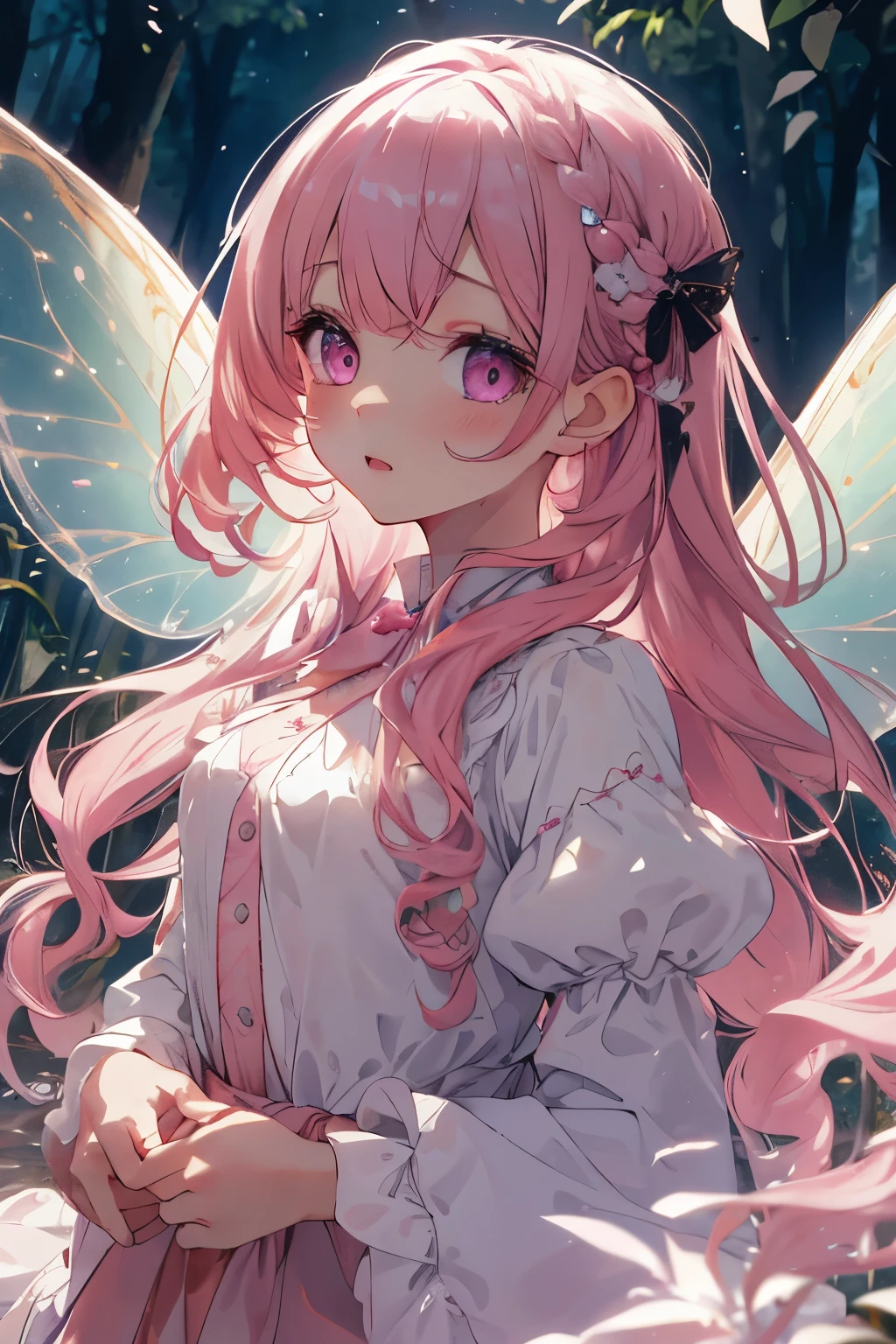 girl, forest, ((obra de arte)), melhor quality, perfect face, (perfect anatomy), extremely detailed, Fairy girl, fairy wings, pink hair with light tone, long loose hair, wavy hair, button nose, white magical girl, fractal art, baby face, long pink mesh hair, beautiful detailed pink eyes, cinematic lighting