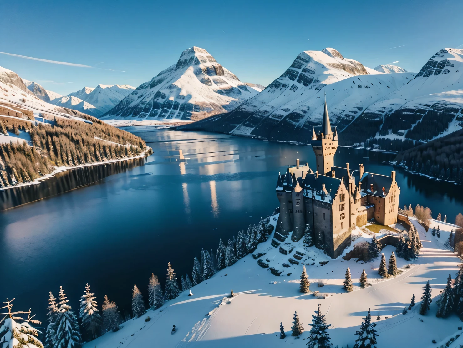 beautiful castle on a hill overlooking the valley and close to lake and river, in the middle of a snowy mountain range, fairy tale place, drone photography, in scotland