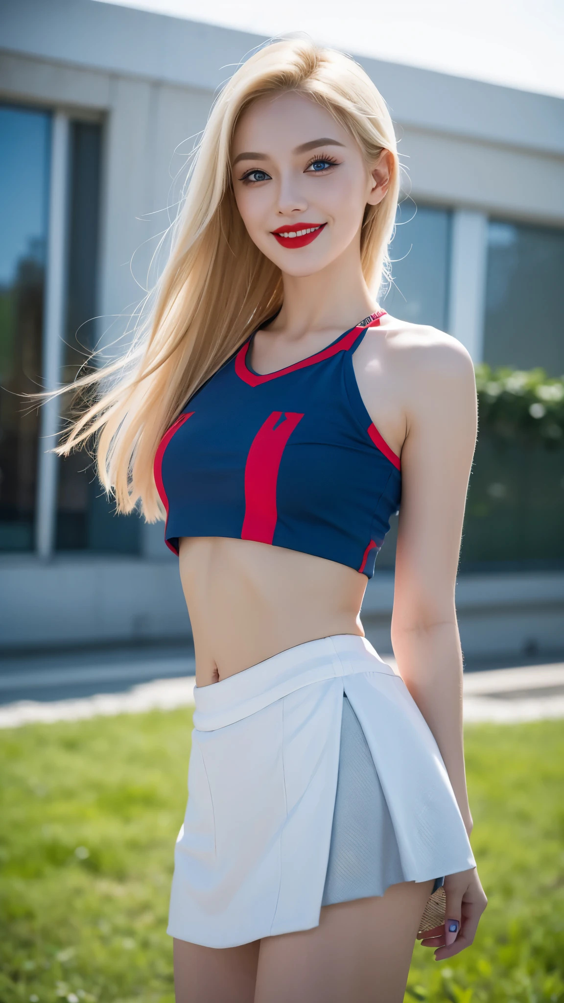 Beautiful girl, russian makeup, russian girl, red lips, smiling, blonde hair, blue eyes, crop top, short skirt, park view,