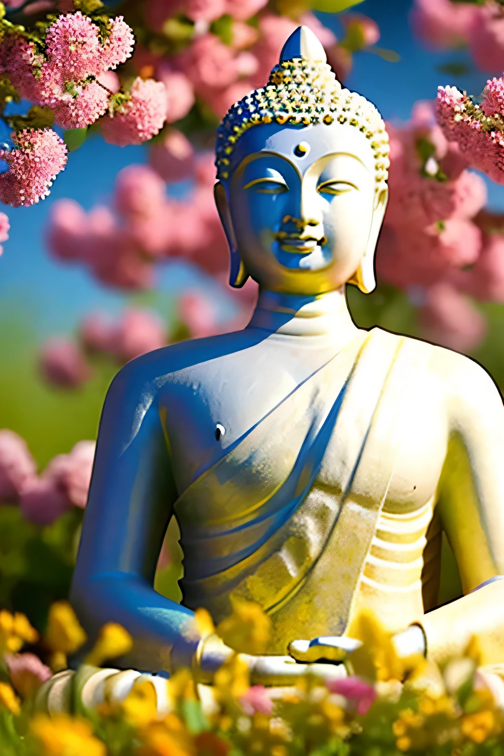 明るい背景のBuddha像 Buddha solo front looking here halo is shining upper body only body is 70 on screen%Profession hold hands Like a photograph Amazing background full of flowers