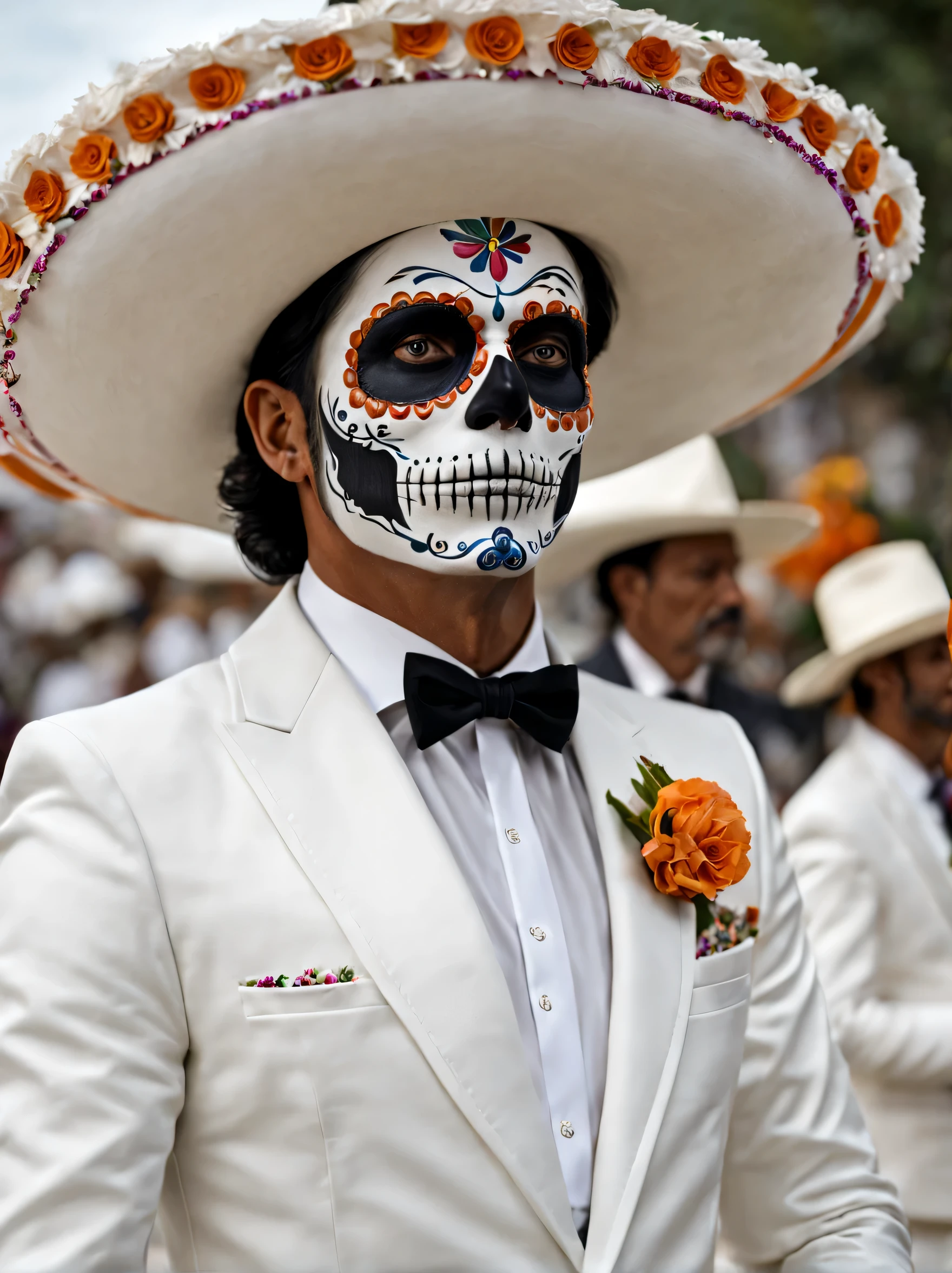 male, catrina, men using a white suit, la catrina, Mexico, best quality, high detail,4k res