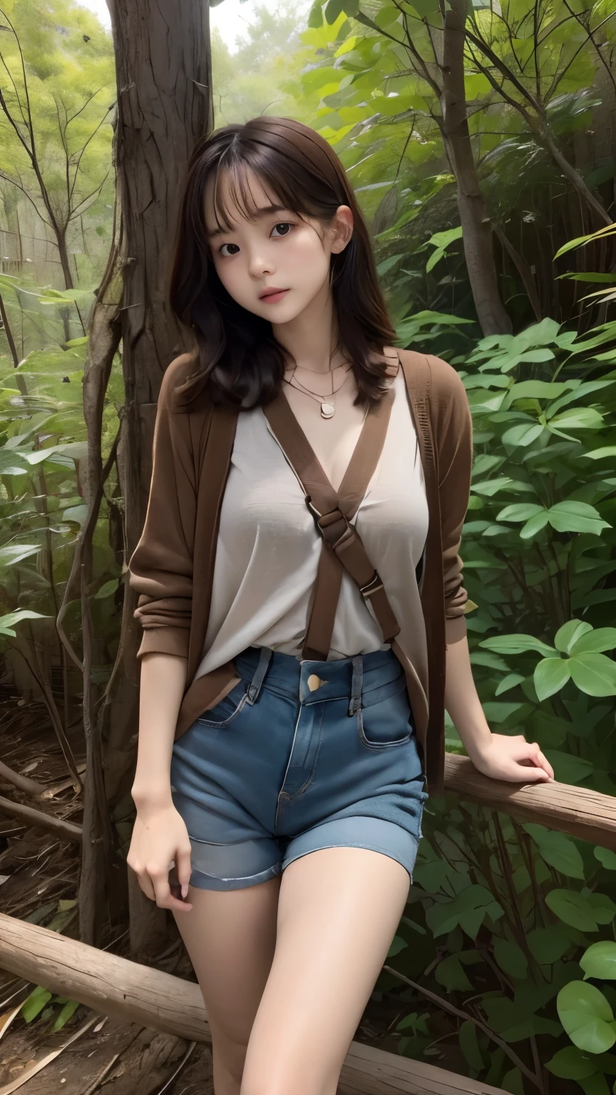 1 girl, Breathtakingly cute, perfect face,, 14 years, Sexy, cinematic light, short haired, 、Ultra small size 、Wearing overalls、stone wash、((Climb on top of the person watching you))