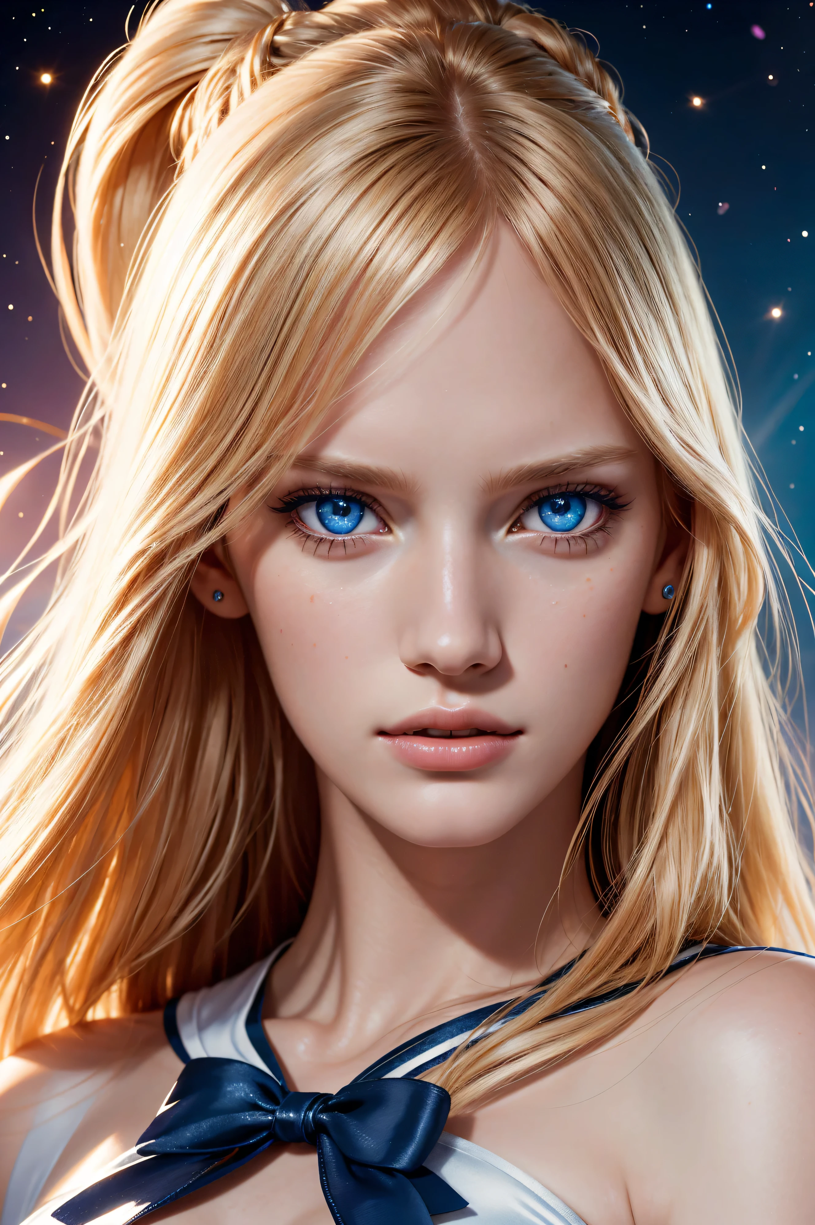 portrait Anne Vyalitsyna, wearing sailor moon costume transparent. professionally retouched, soft lighting, realistic, smooth face, perfect eyes, sharp focus on eyes, 8 k, high definition, insanely detailed, intricate, elegant. be in front of a cosmos.