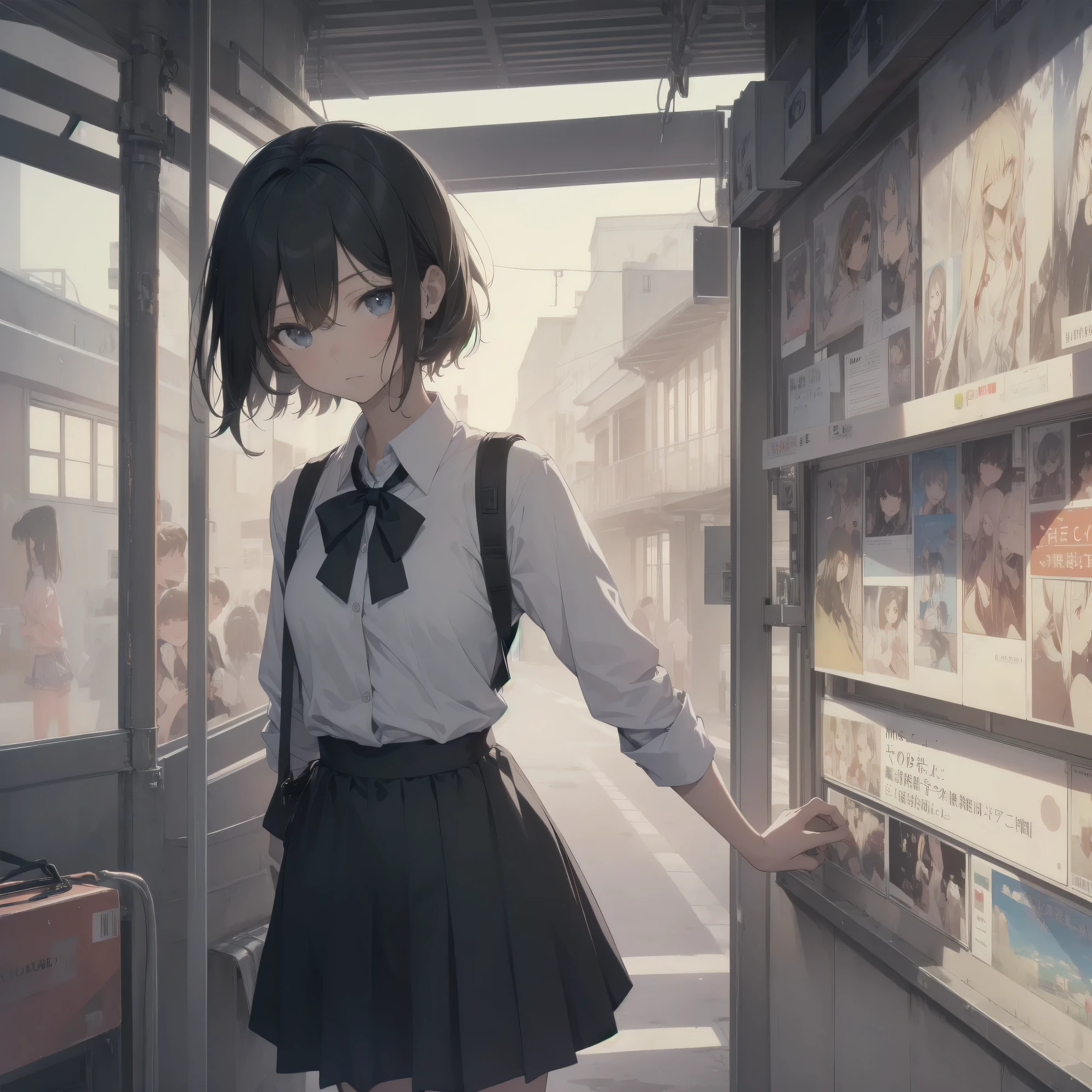 Super absurd quality by the god of art, super detailed, High resolution, anime moe art style, Best Anime 8K Kona-chan Wallpaper, pixiv contest winner, perfect anatomy, break,(眠そうにalone学校へ行く女の子を描いてください. )break,1 girl, (alone,little woman, baby face, 13 years old:1.3),All limbs, full finger,, The charm of an immature body, (very_short hair), bangs, flat chest, Small Bodysuits, small ass, between legs, small black eyes, detailed and beautiful eyes, Well-proportioned iris and pupils, expressive eyes, sleepy eyes, High resolutionの詳細な髪, hair grip, neck ribbon, skirt, collared shirt, pleated skirt, school uniform, school bag,(detailed lighting), (detailed background), On the way to school. break,super dense skin, Best movie lighting by famous artists, 8k,cute illustration,photoshop_(Moderate),Absurd Hi-Res,Hmm,rough skin