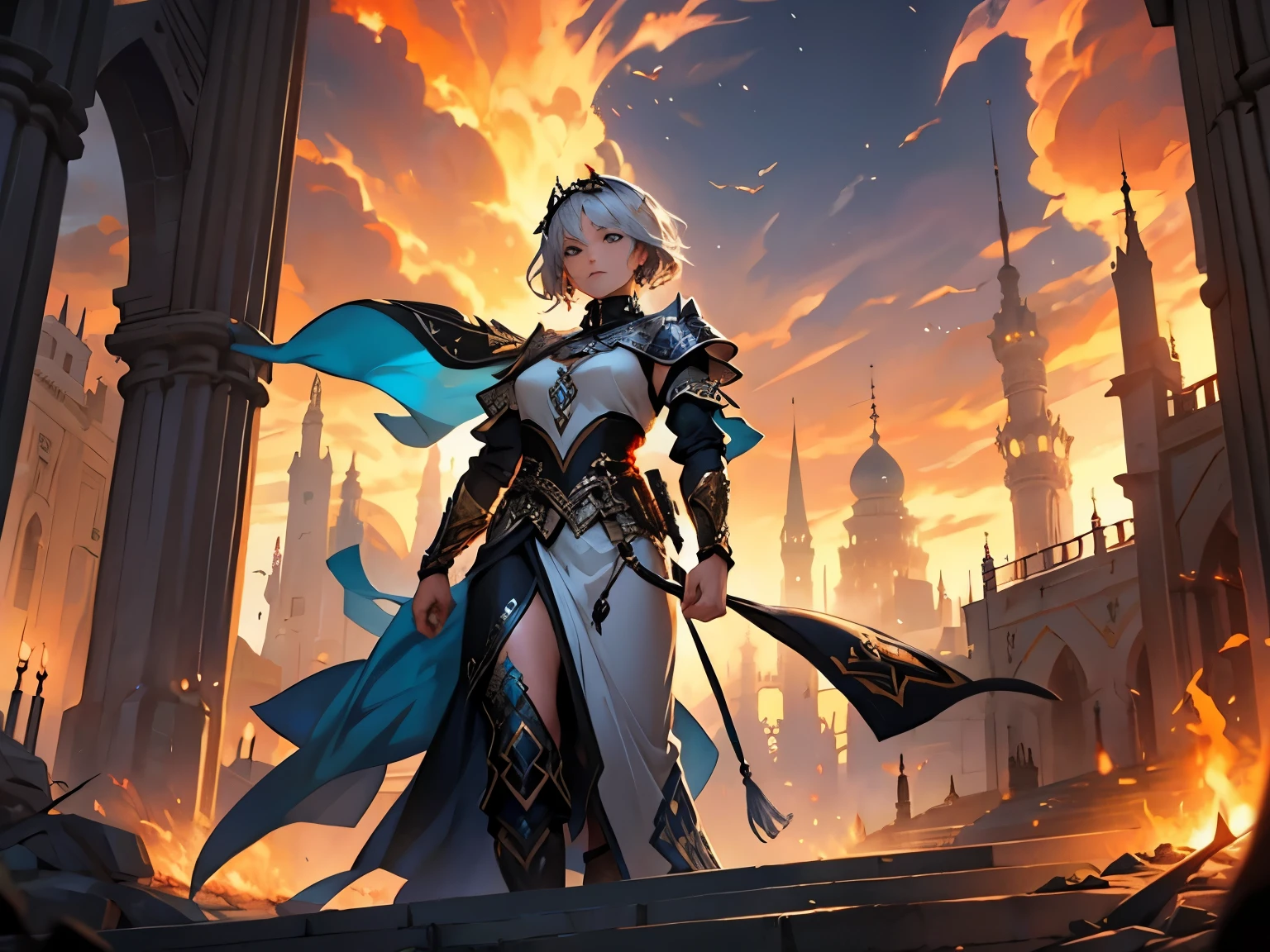 There is a beautiful fantasy silver city burning in flames modern arabic style 