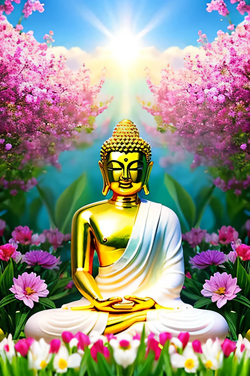 明るい背景のBuddha像 Buddha solo front looking here halo is shining upper body only body is 70 on screen%Profession hold hands Like a photograph Amazing background full of flowers