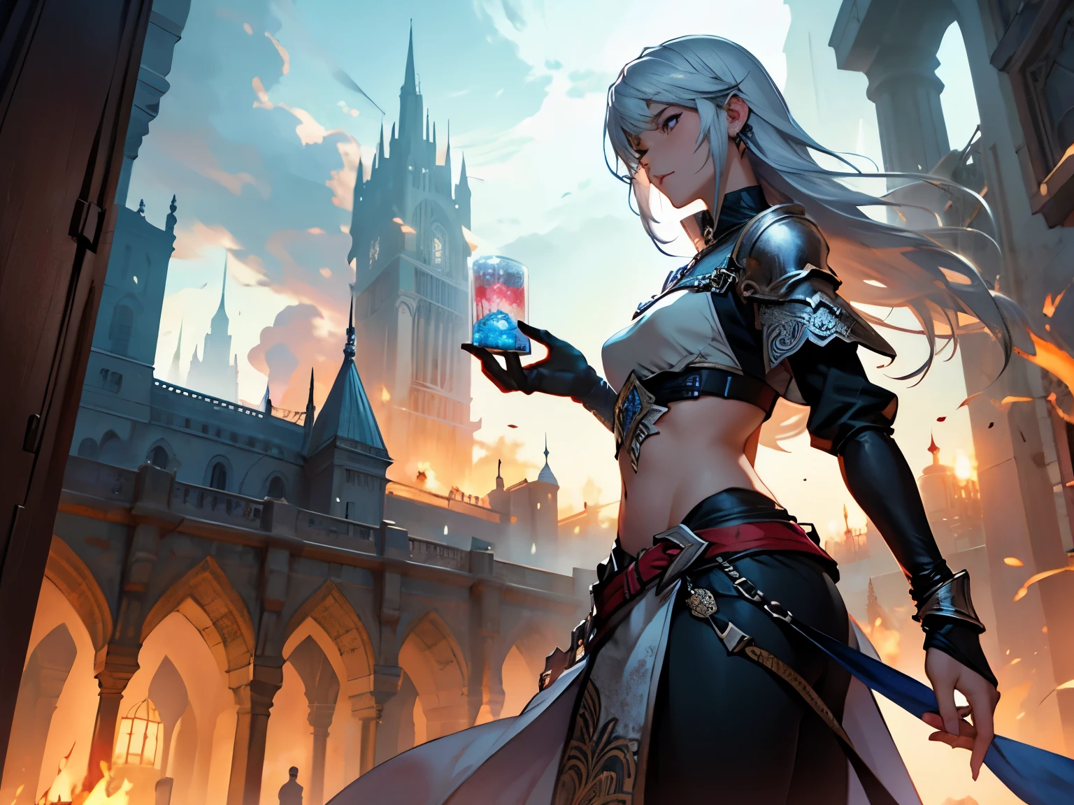 Gwen Tennyson,YoRHa 2b,tracer,Claire Fallon,Overwatch,Atelier Ryza,close,Castle siege battle,Tattoo,Silver and white plug suit,white short sleeve night top,Short Sleeve Knight Full Plate Armor,long night skirt,Steel Knight Corset,Super long hair,Queen&#39;s Makeup,Green Eyes,Multicolored silver hair,Long dress train,Sexy smile, freckles,beautiful girl,Silver thigh-high boots,Large Breasts,8K,Super detailed,Realistic,Fantasy art,Silver Knight Uniform,queen gown dress,hairpin,Ear Piercing,Templar Hand and Neck Jewelry,(weather:the wind is strong),One girl,Long Scarlet Knight Coat,battlefield,Holding a Templar shield,