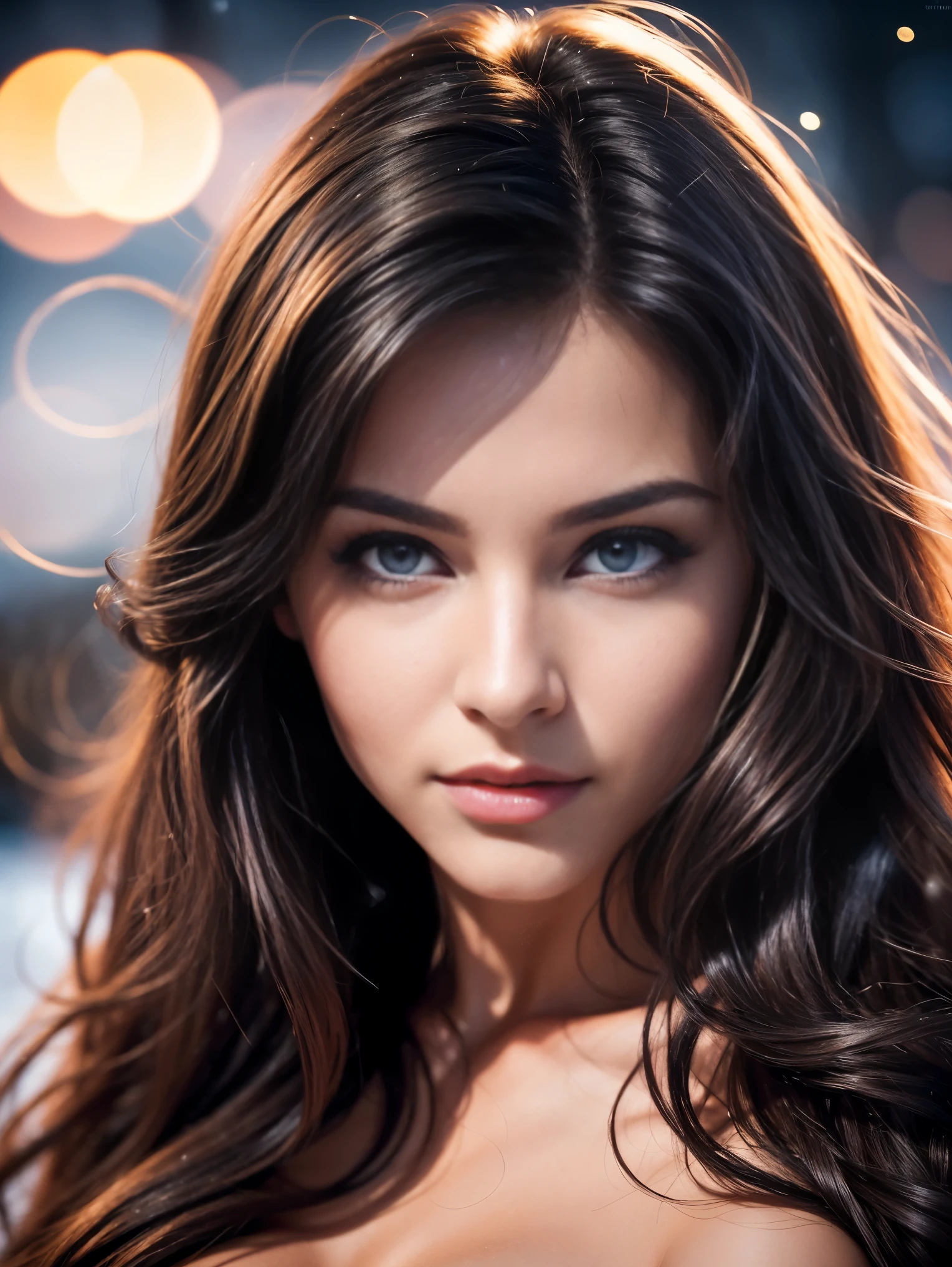 Extreme closeup portrait of an ultra hot gorgeous European woman.age 23. She’s a playmate and men magazine model. Random color wavy hair. Naked. She flirts with camera. Snowy Outdoor night studio shot. Bokeh