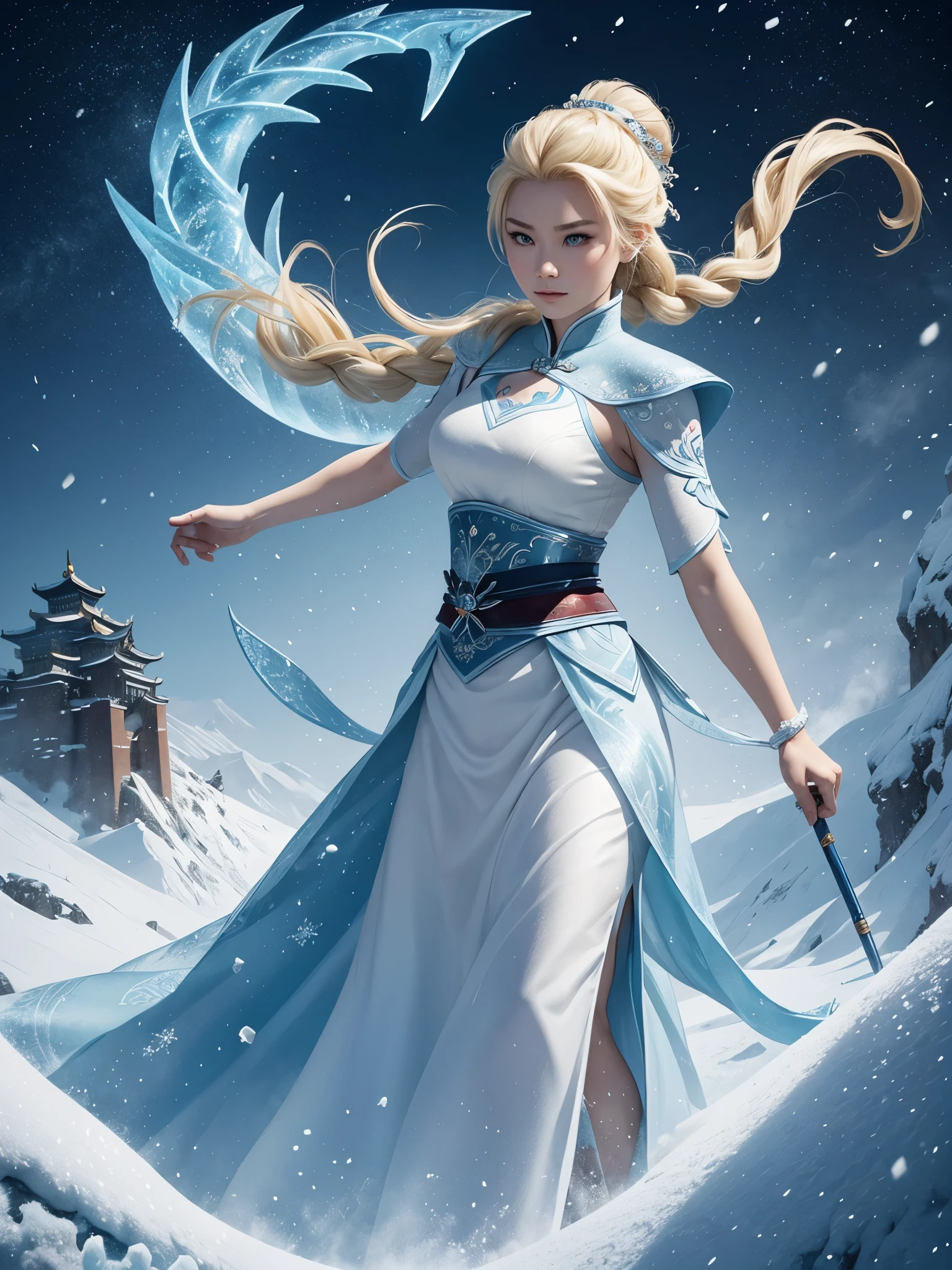 Elsa of Frozen, with her blonde hair pulled back in a plait and wearing traditional Chinese armour with ice and snow detailing, is standing on top of a snow-capped mountain. The Great Wall stretches out on the horizon behind her, and snowflakes fall softly all around. Her expression is one of determination and power, with a stylised Chinese dragon and ice elements adorning the background. The title "Mulan: The Ice Warrior" shines at the top in elegant, icy typography.