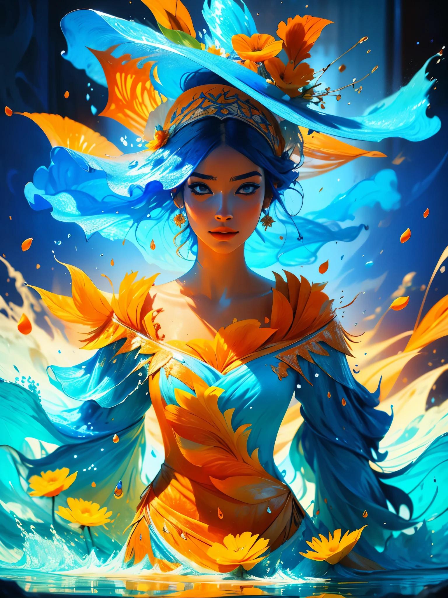 Portrait of young woman with flower hat, maquiagem, Liquid splash explosion, laranja, azul, altamente detalhado, fundo fantasia, illustration, sharp focus, lighting dramatic, trending in the artstation, cinemactic, 8k, arte conceitual, elegante, reflexions