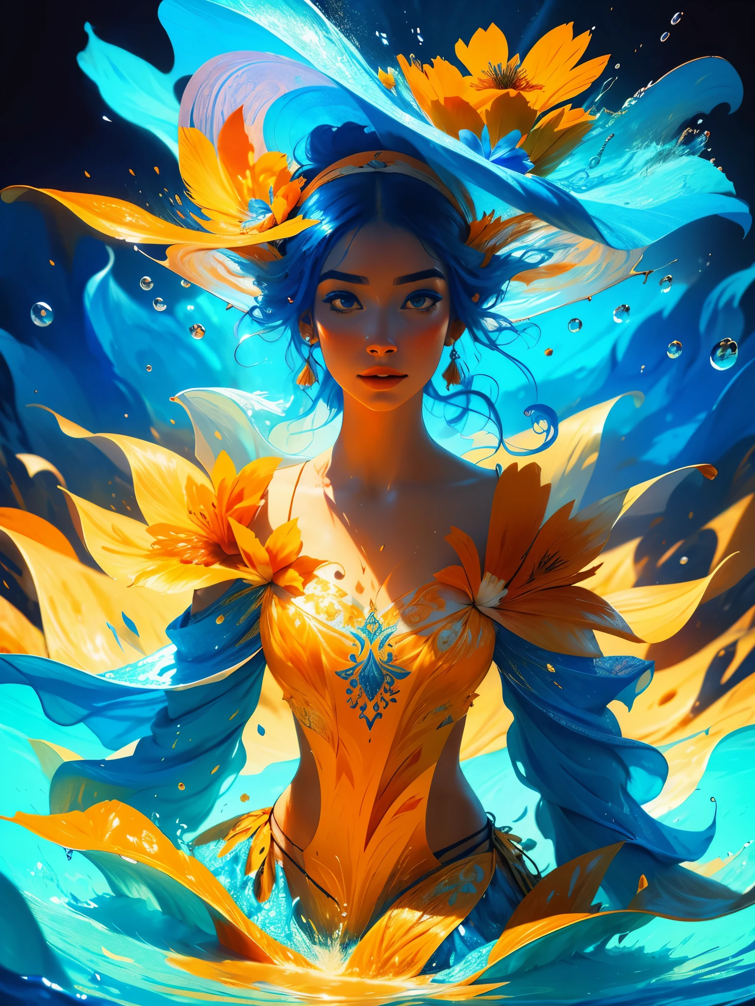 Portrait of young woman with flower hat, maquiagem, Liquid splash explosion, laranja, azul, altamente detalhado, fundo fantasia, illustration, sharp focus, lighting dramatic, trending in the artstation, cinemactic, 8k, arte conceitual, elegante, reflexions