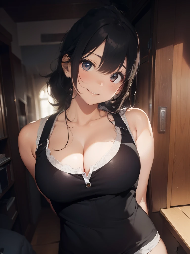 super high quality, ultra high resolution, hyper-detailed, high contrast, ultra fine strike, creative sophistication,black hair,living room,smile,cleavage