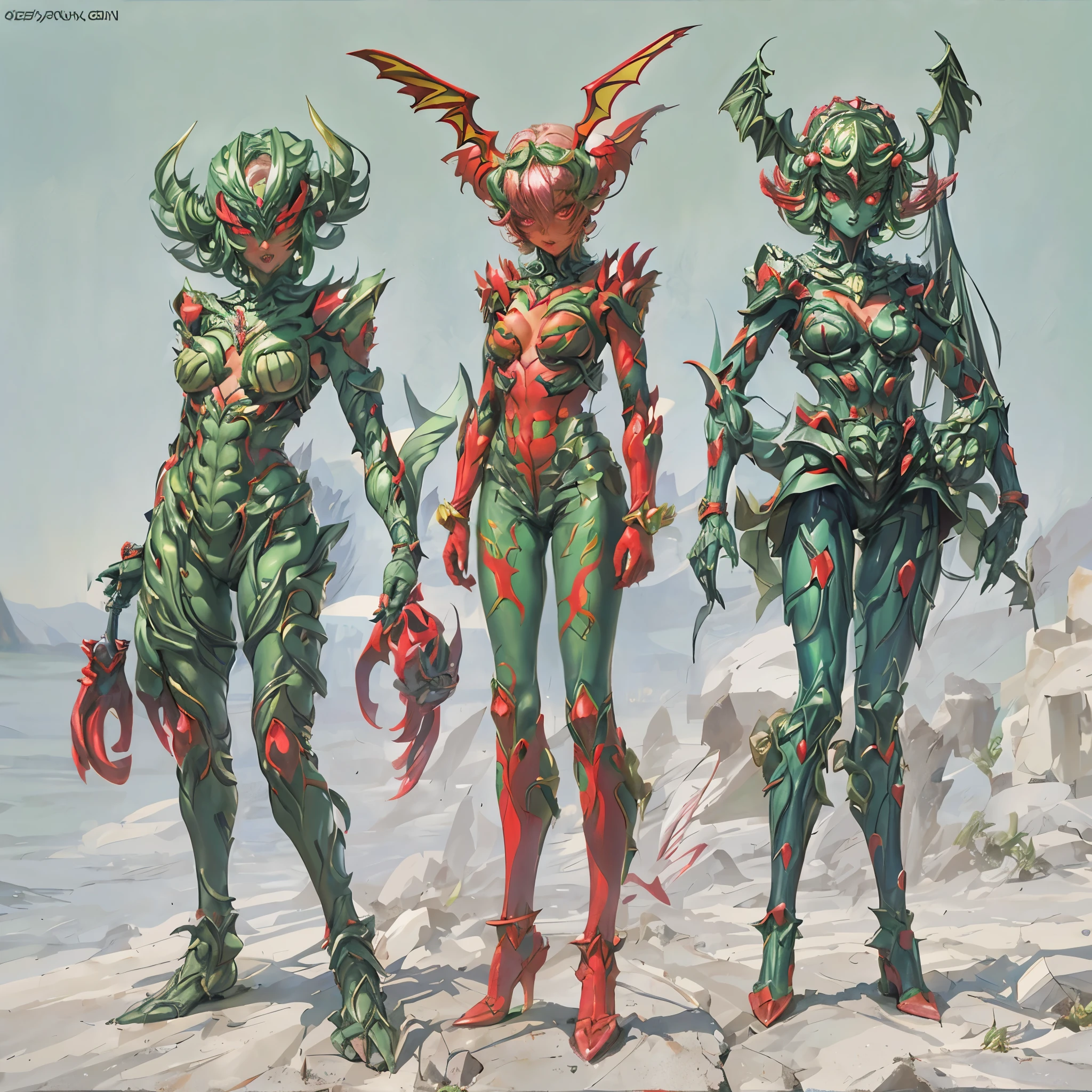 Cartoon photo of woman in green and red costume, hot insect humanoid woman, Guyver style, SFW version, red eye, scarab reploid, bellows tail, cel shade adult animation, alien queen, serpentine pose,