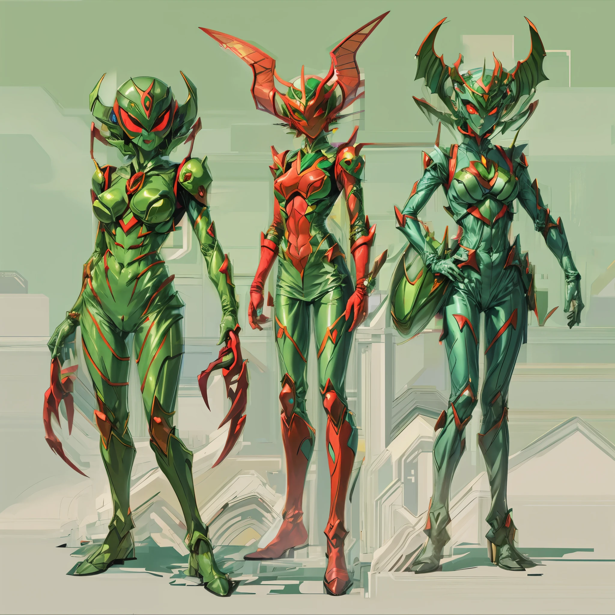 Cartoon photo of woman in green and red costume, hot insect humanoid woman, Guyver style, SFW version, red eye, scarab reploid, bellows tail, cel shade adult animation, alien queen, serpentine pose,