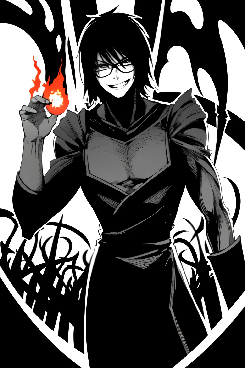 Anime, man following , cult outfit, glasses, black hair, smiling, evil, fire, blood, darkness